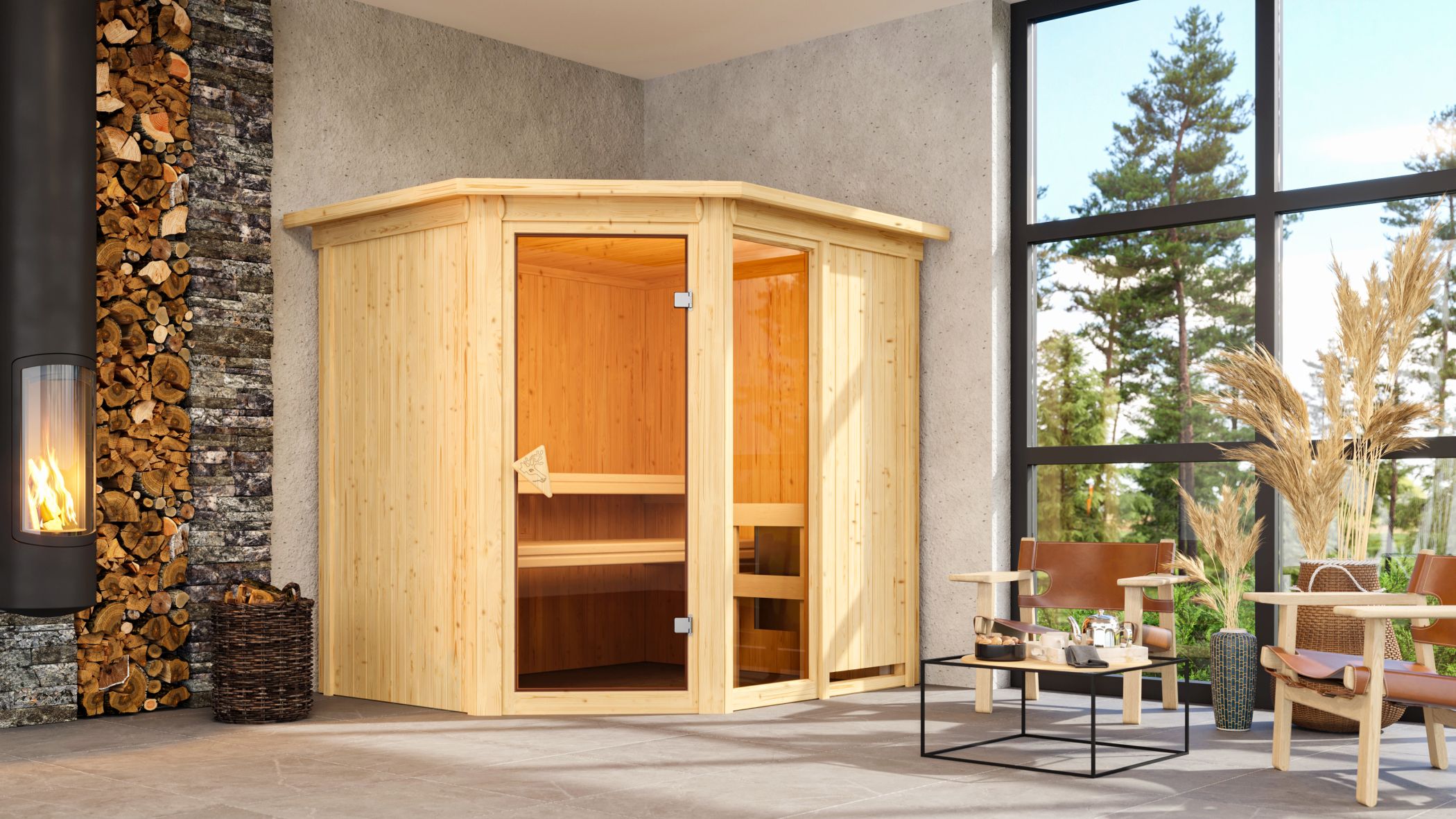 Karibu Sauna Fiona 2 als stimmungsvoller Wellnessbereich in einem modern eingerichteten Wohnraum