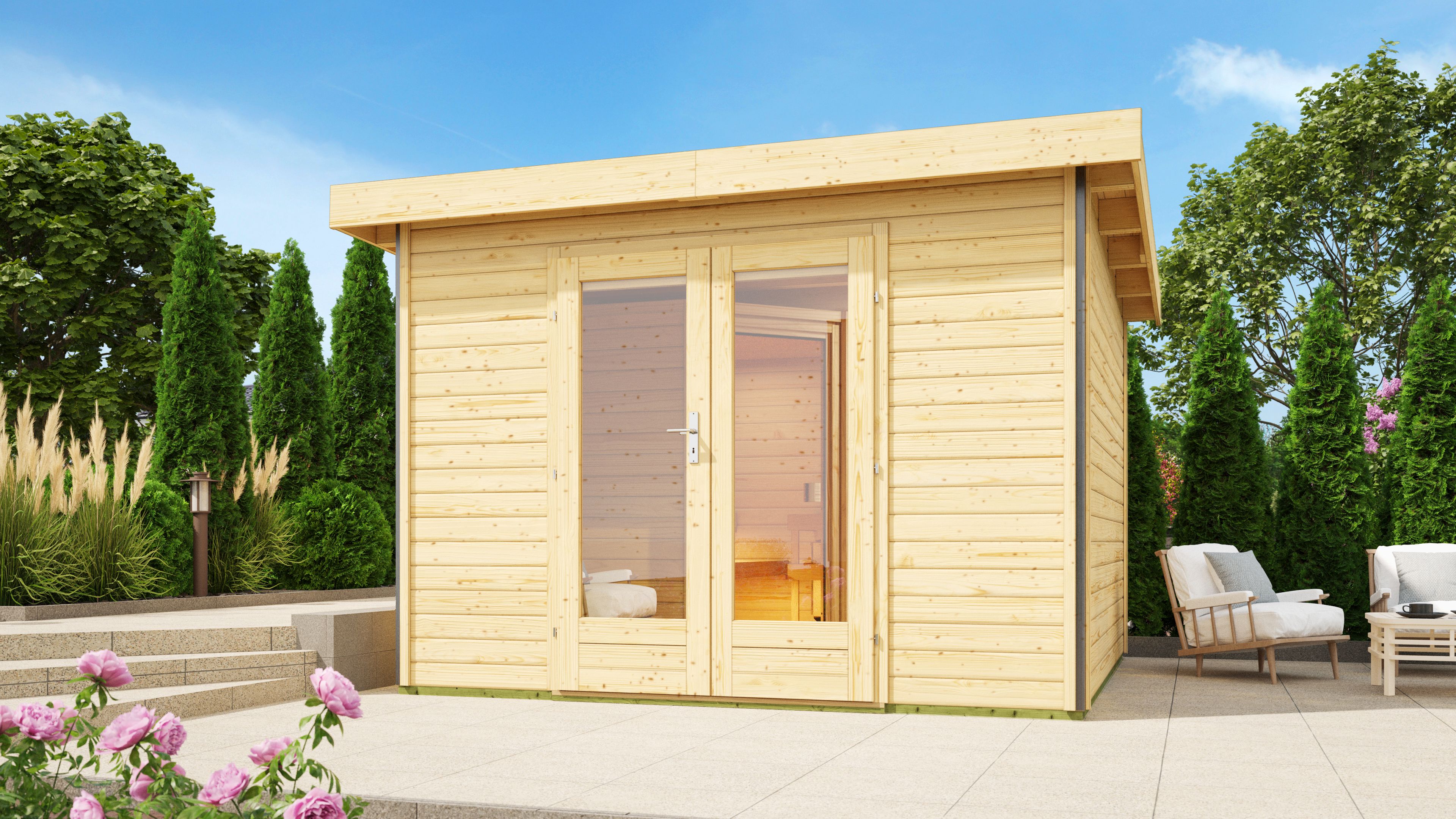 Karibu Saunahaus Mainburg 1 als Gartensauna aus Massivholz im Garten mit Glasfront