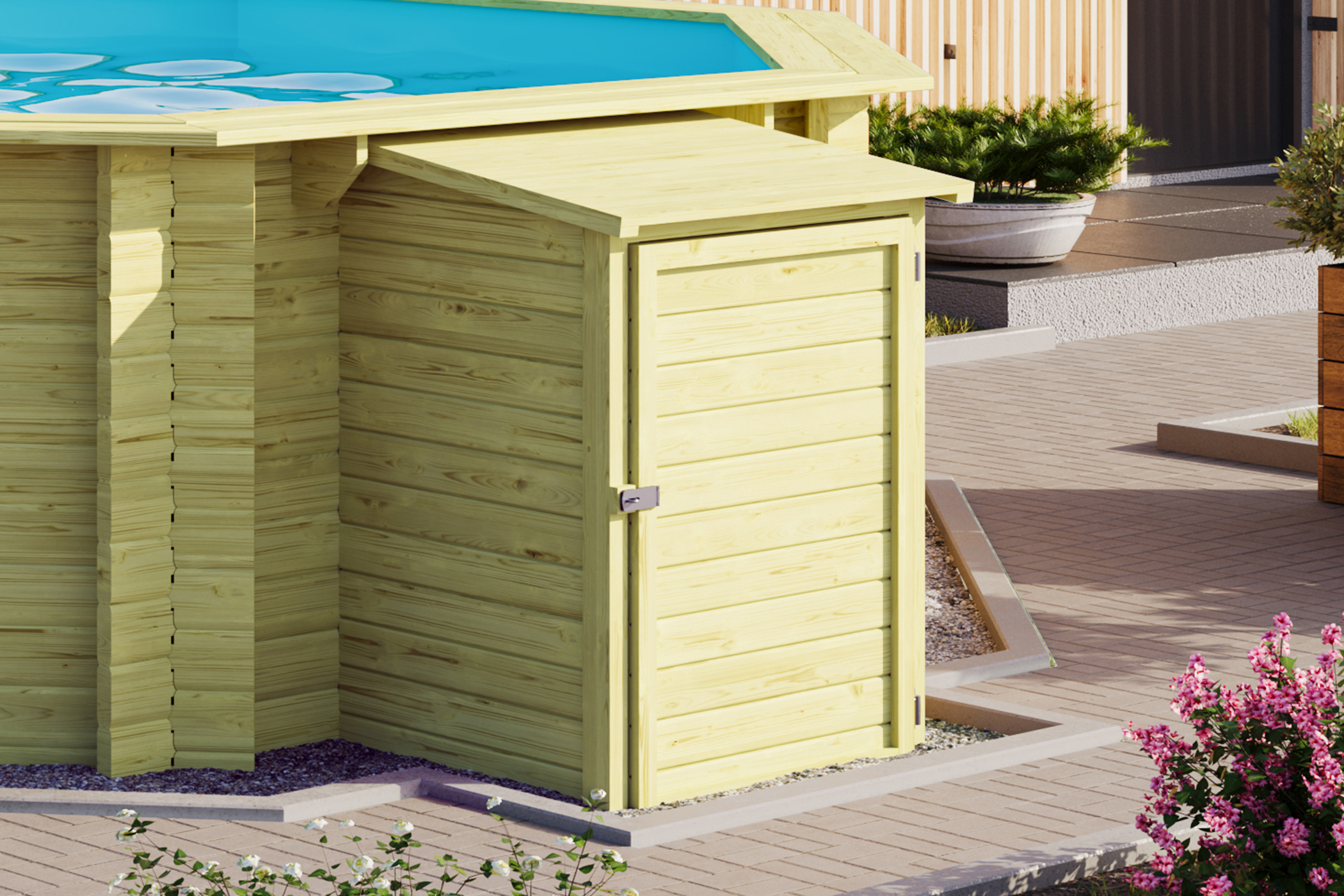 Karibu Technikbox aus Holz, im Garten aufgebaut