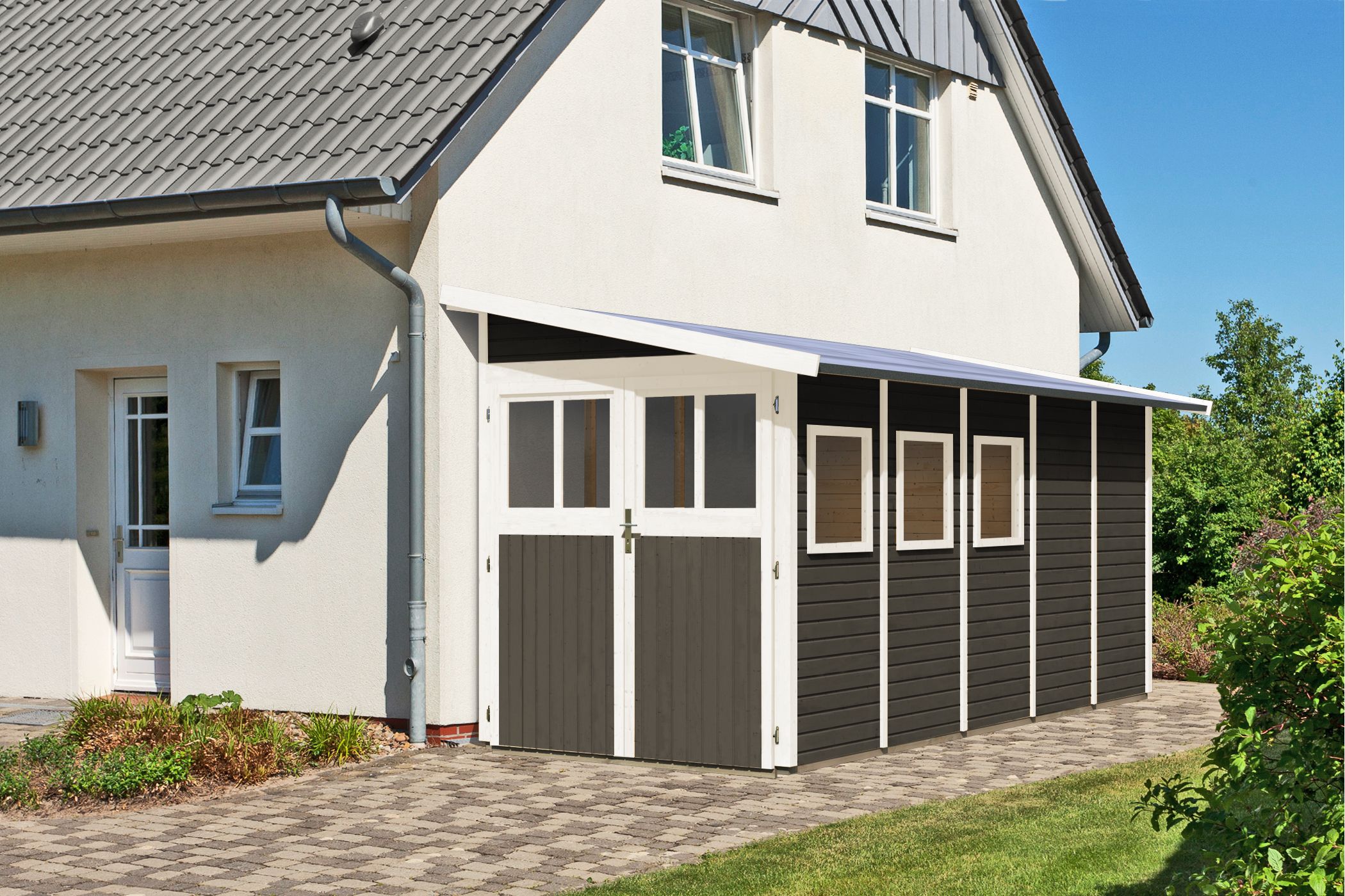 Karibu großes Gerätehaus Wandlitz 5 in Terragrau, Außenansicht