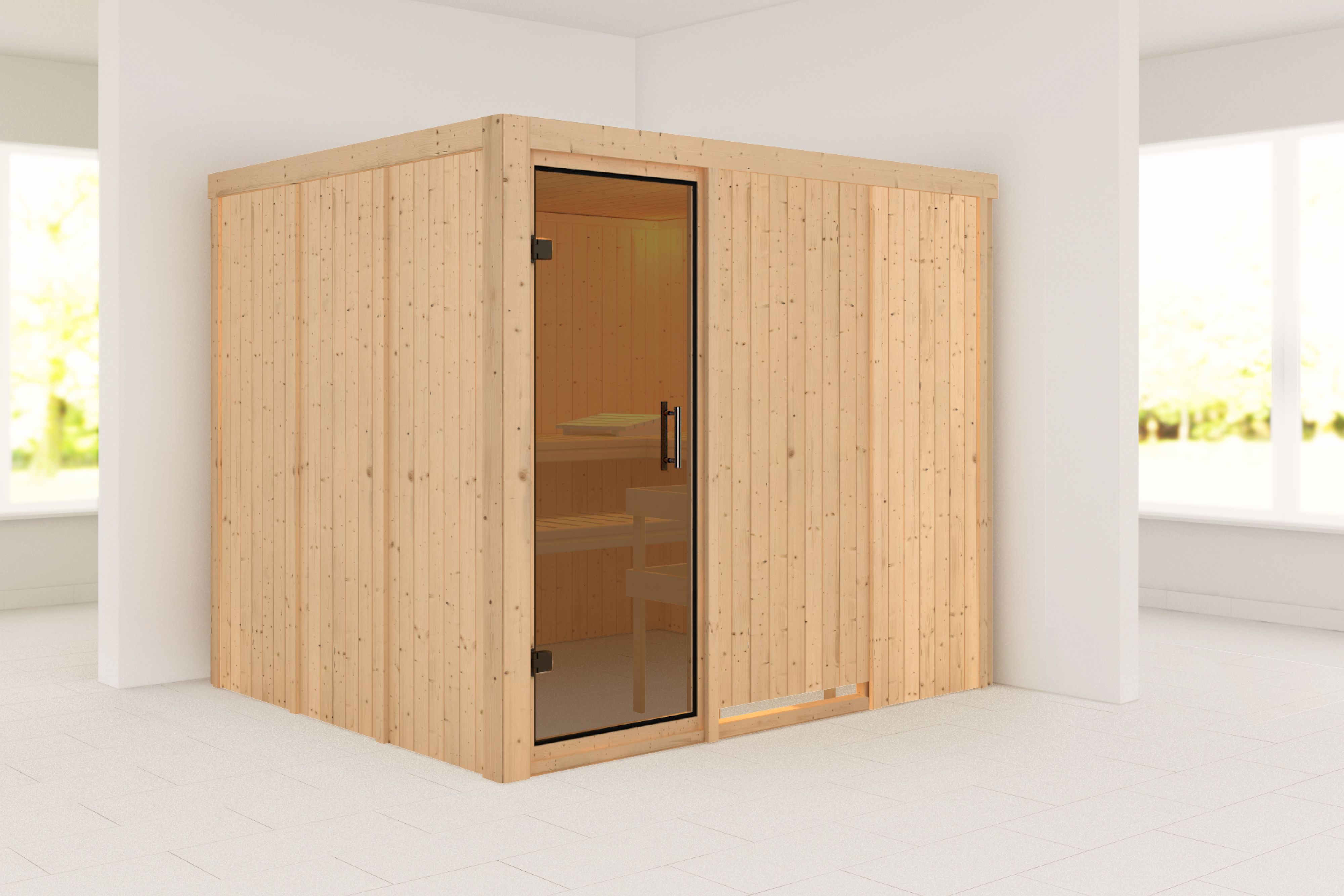 Außenansicht der Karibu Sauna Gobin aus nordischer Fichte mit graphitfarbener Ganzglastür und Fronteinstieg