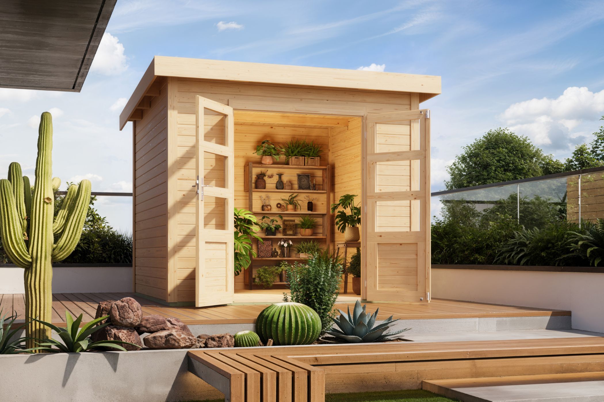 Karibu Gartenhaus Kolbin 6 XXL (Extra hohe Tür) in Naturbelassen im Garten