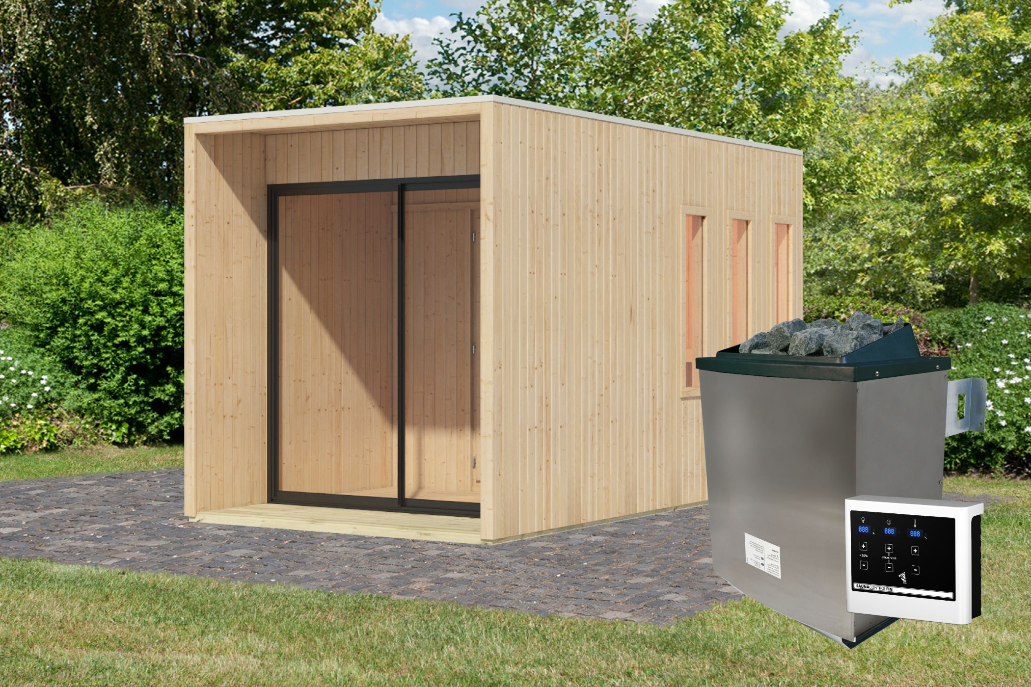 Karibu Saunahaus Miramar als Gartensauna aus Massivholz im Garten mit Glasfront