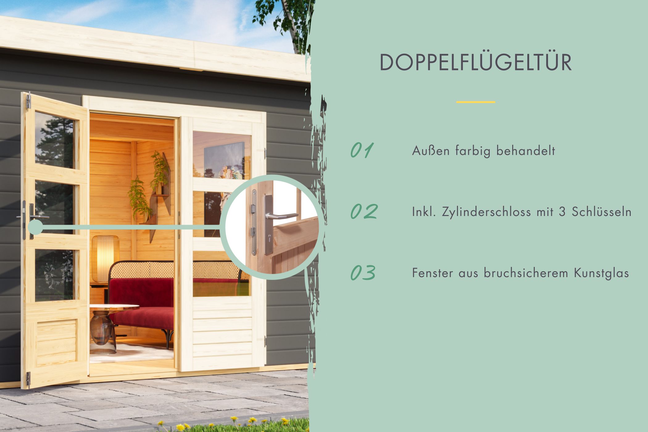 Doppelflügeltür des Karibu Gartenhaus Schönbuch 2 mit Zylinderschloss und Kunstglas