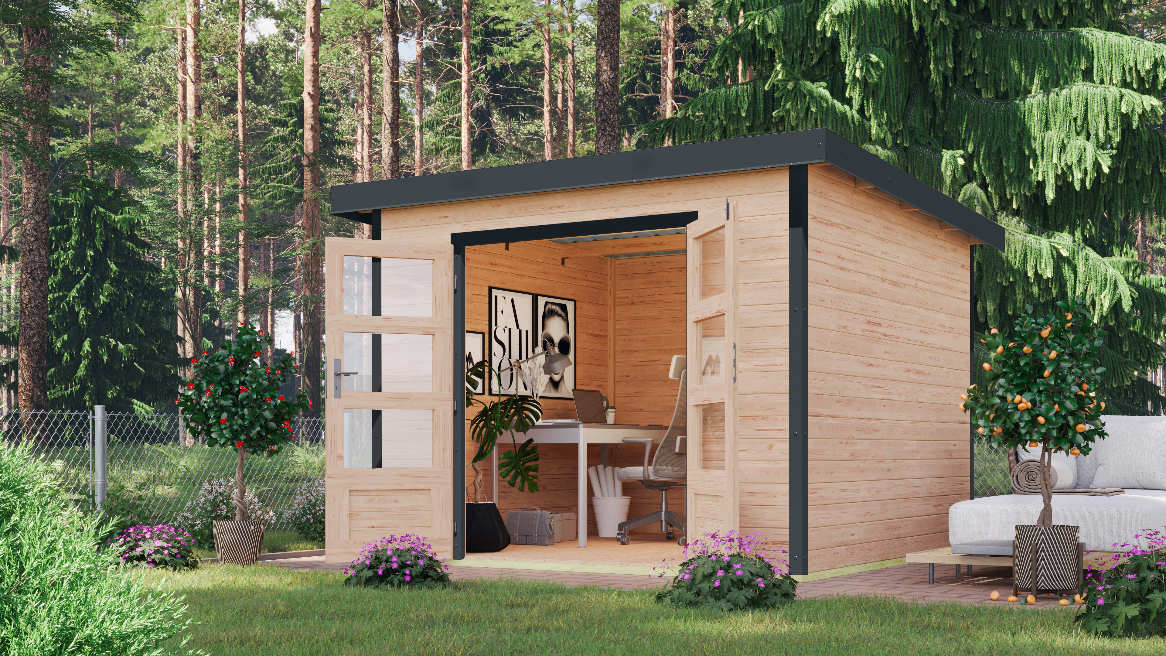 Karibu Gartenhaus Holz & Metall Pluto 6 in Naturbelassen mit Metall in Anthrazit im Garten