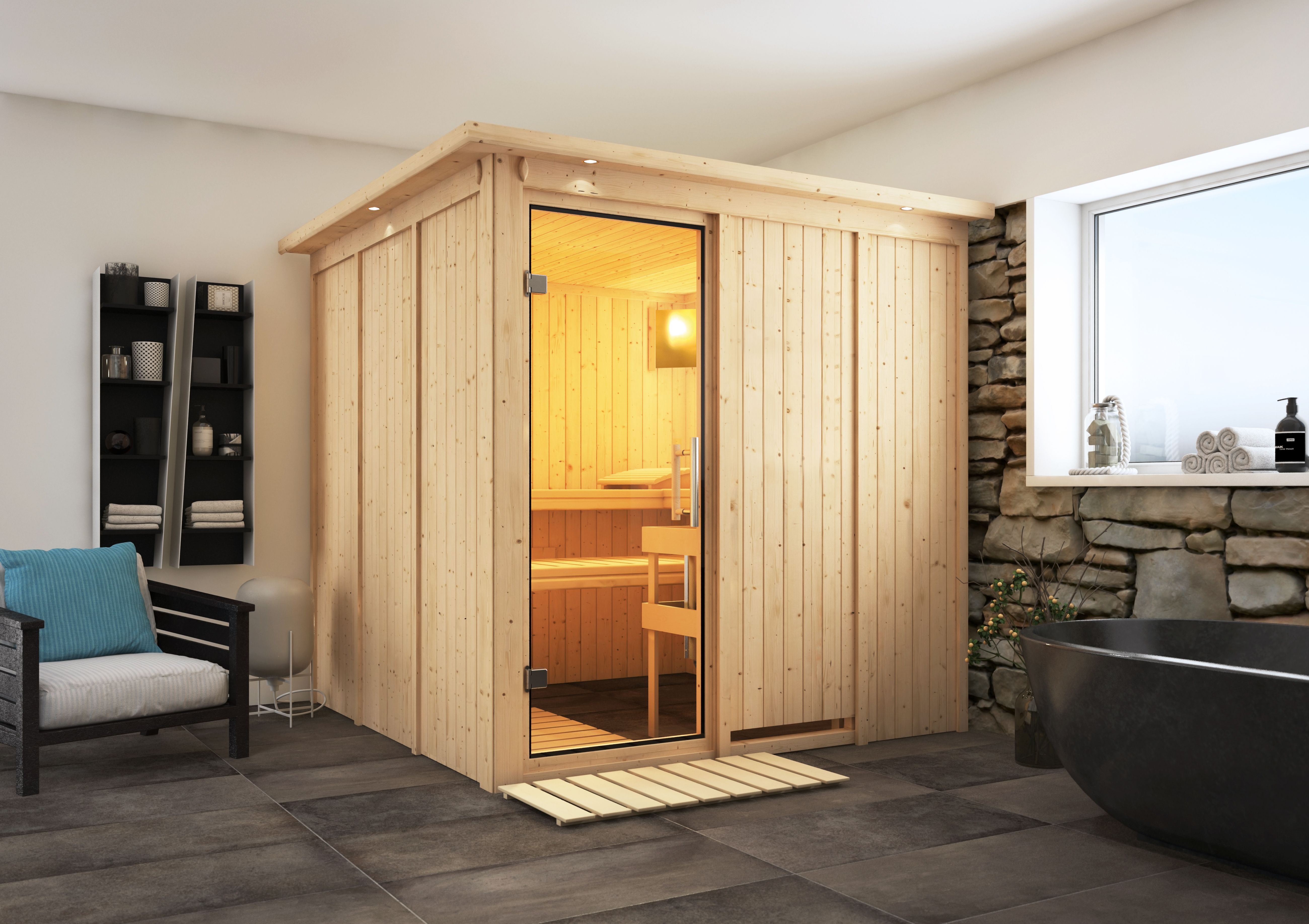 Karibu Sauna Rodin als stimmungsvoller Wellnessbereich in einem modern eingerichteten Wohnraum