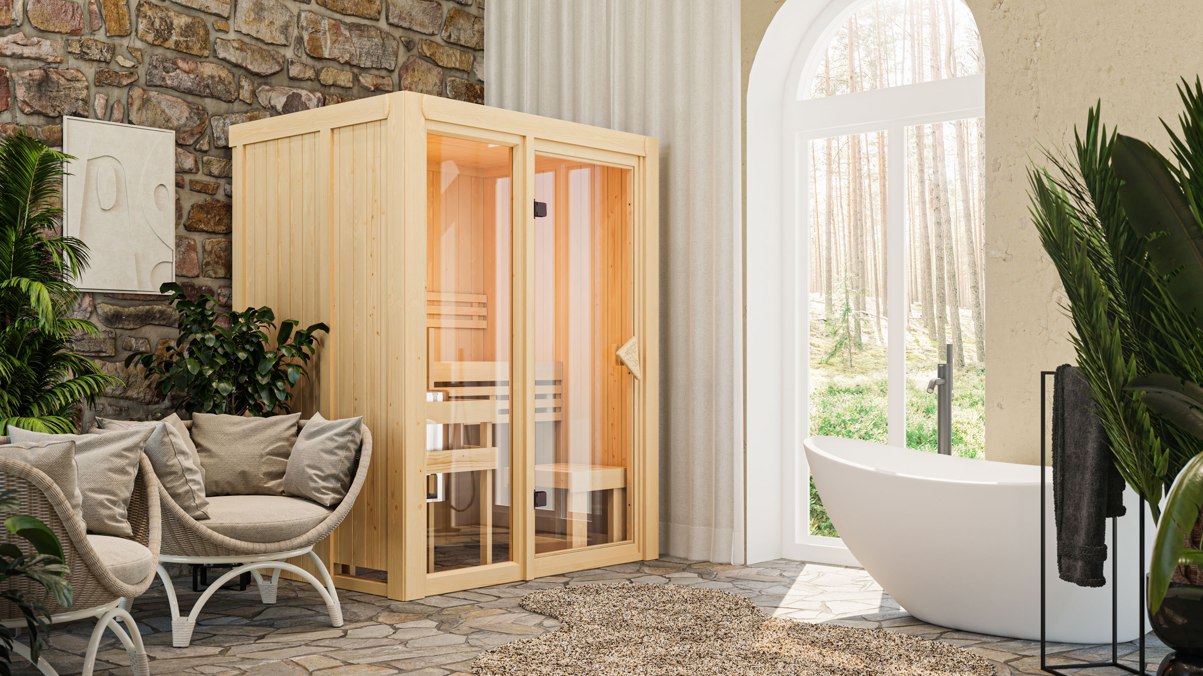 Karibu Sauna Avari 1 als hochwertige Sauna aus nordischer Fichte im Wohnraum-Ambiente