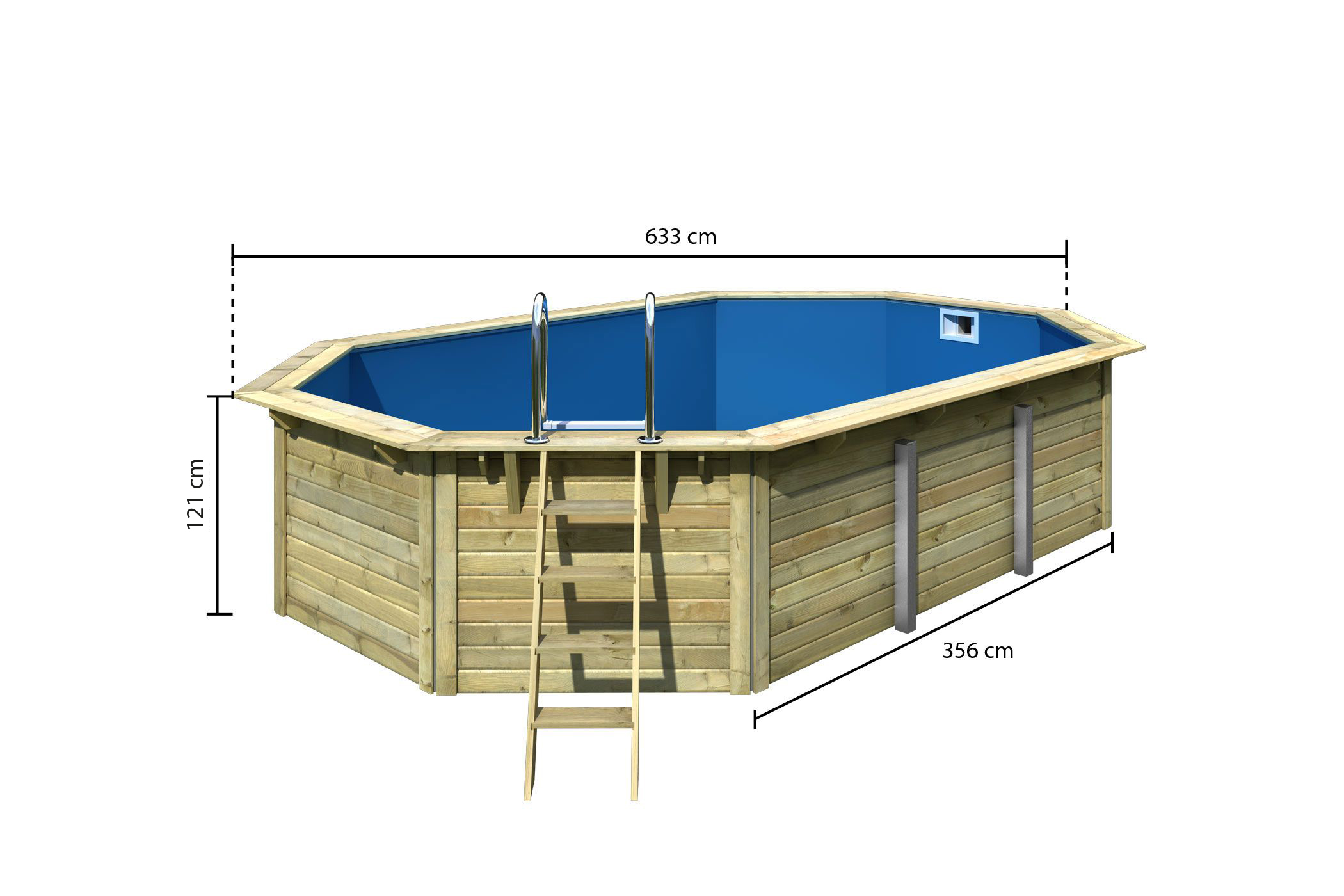 Bemaßte Maßzeichnung des Karibu Pool Modell X4, 568 × 358 cm