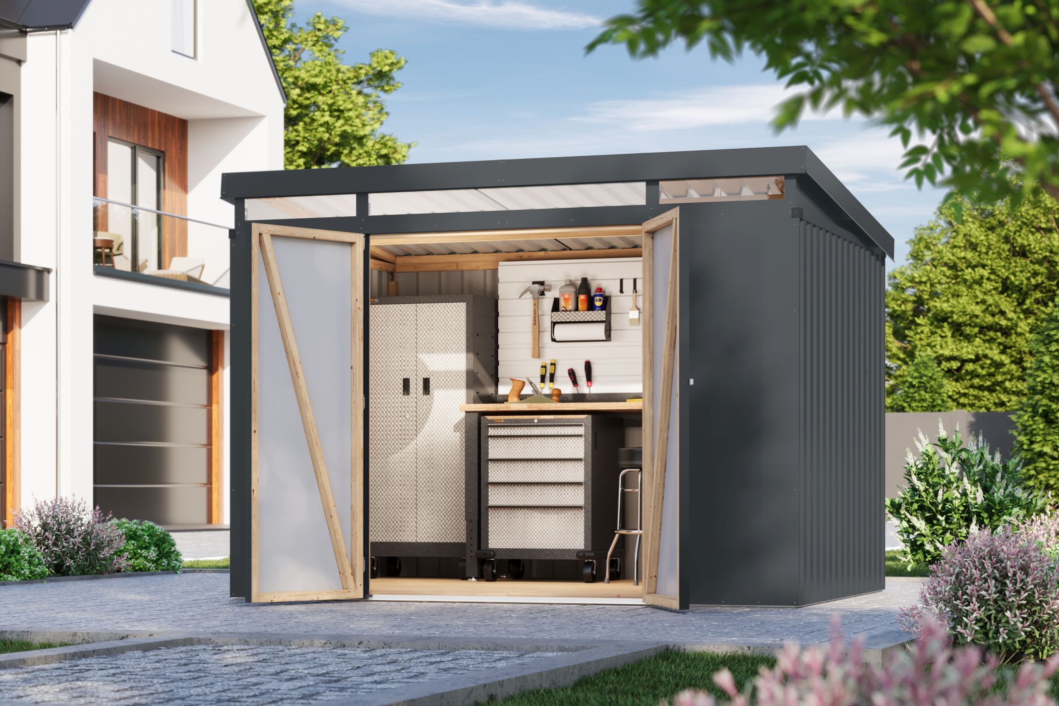 Karibu Gerätehaus aus Metall Iridium 3 in Anthrazit im Garten