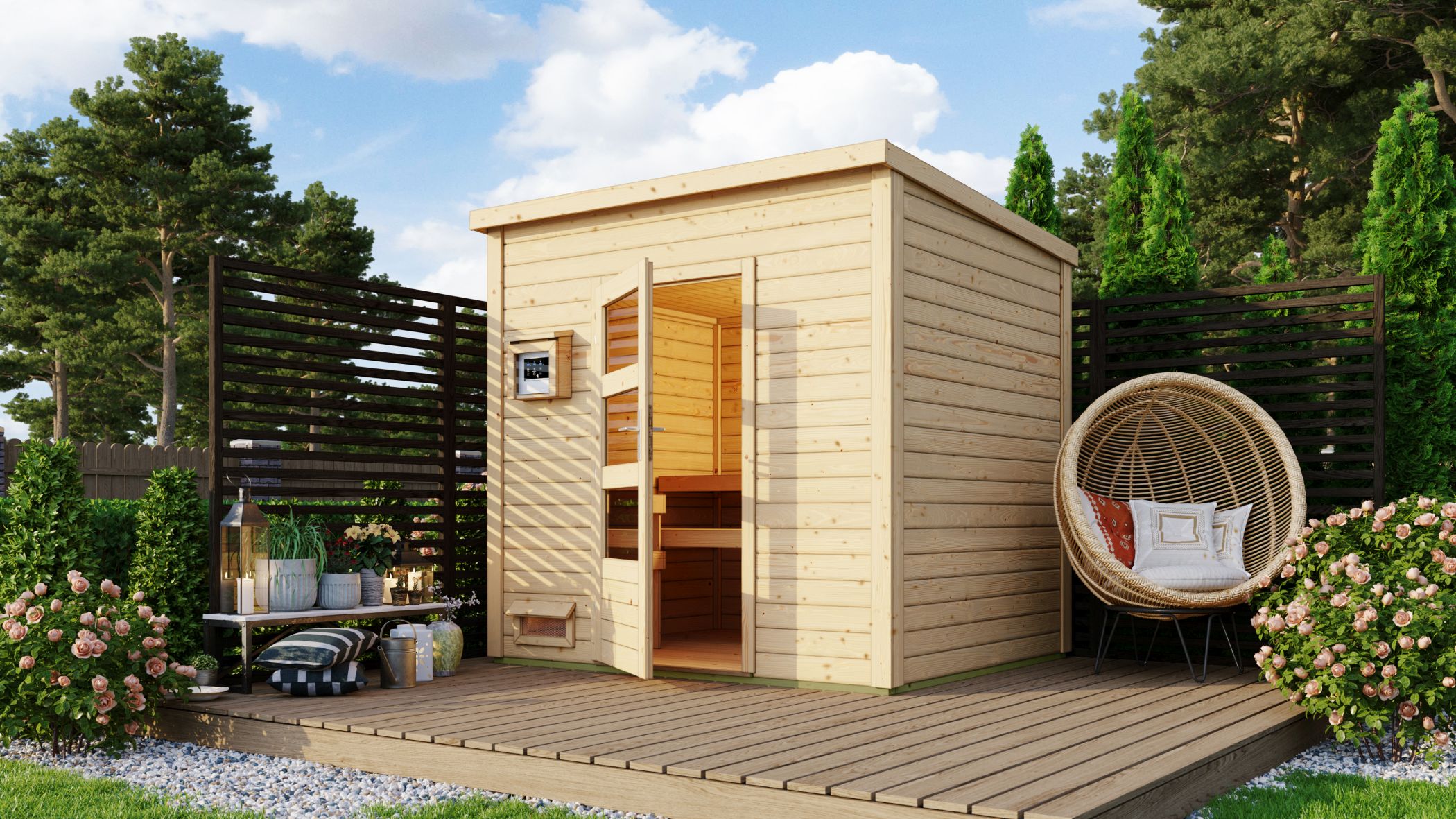 Karibu Saunahaus Pepe 2 als Gartensauna aus Massivholz im Garten mit Glasfront