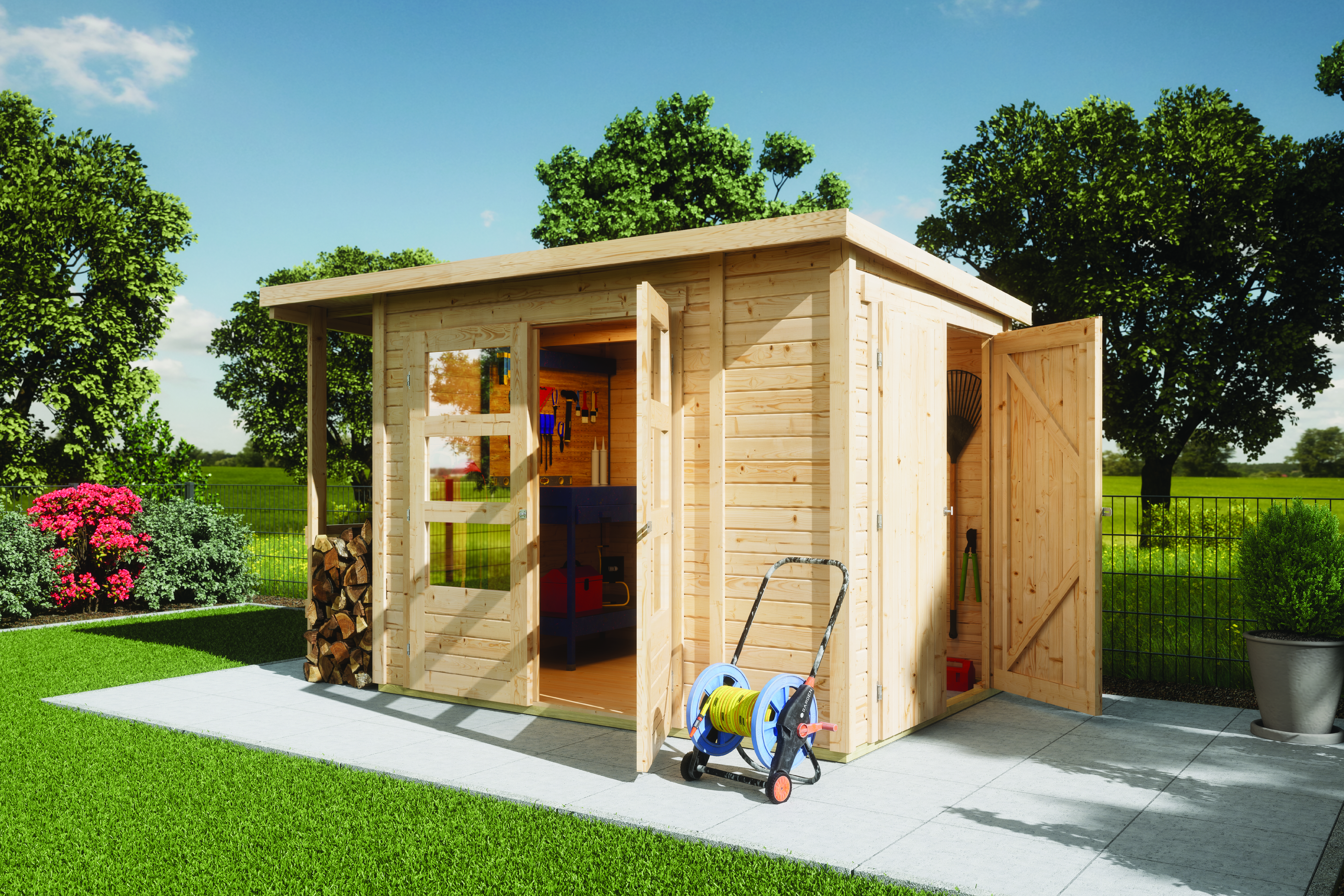 Karibu Gerätehaus Multifunktionshaus Pultdach 19mm in Naturbelassen im Garten