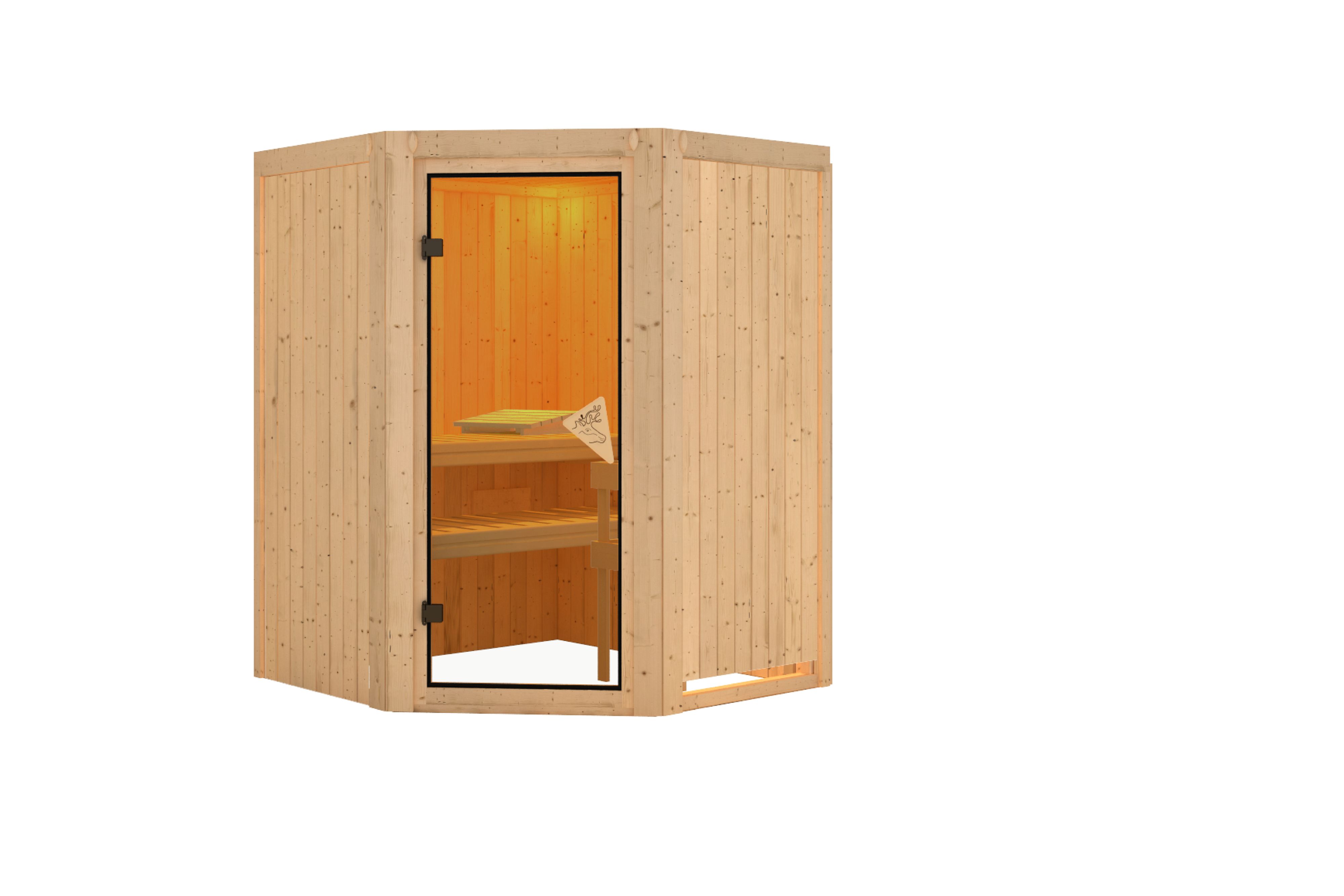 Innenansicht der Karibu Sauna Larin mit Liegen und Kopfstütze aus hellem Espenholz