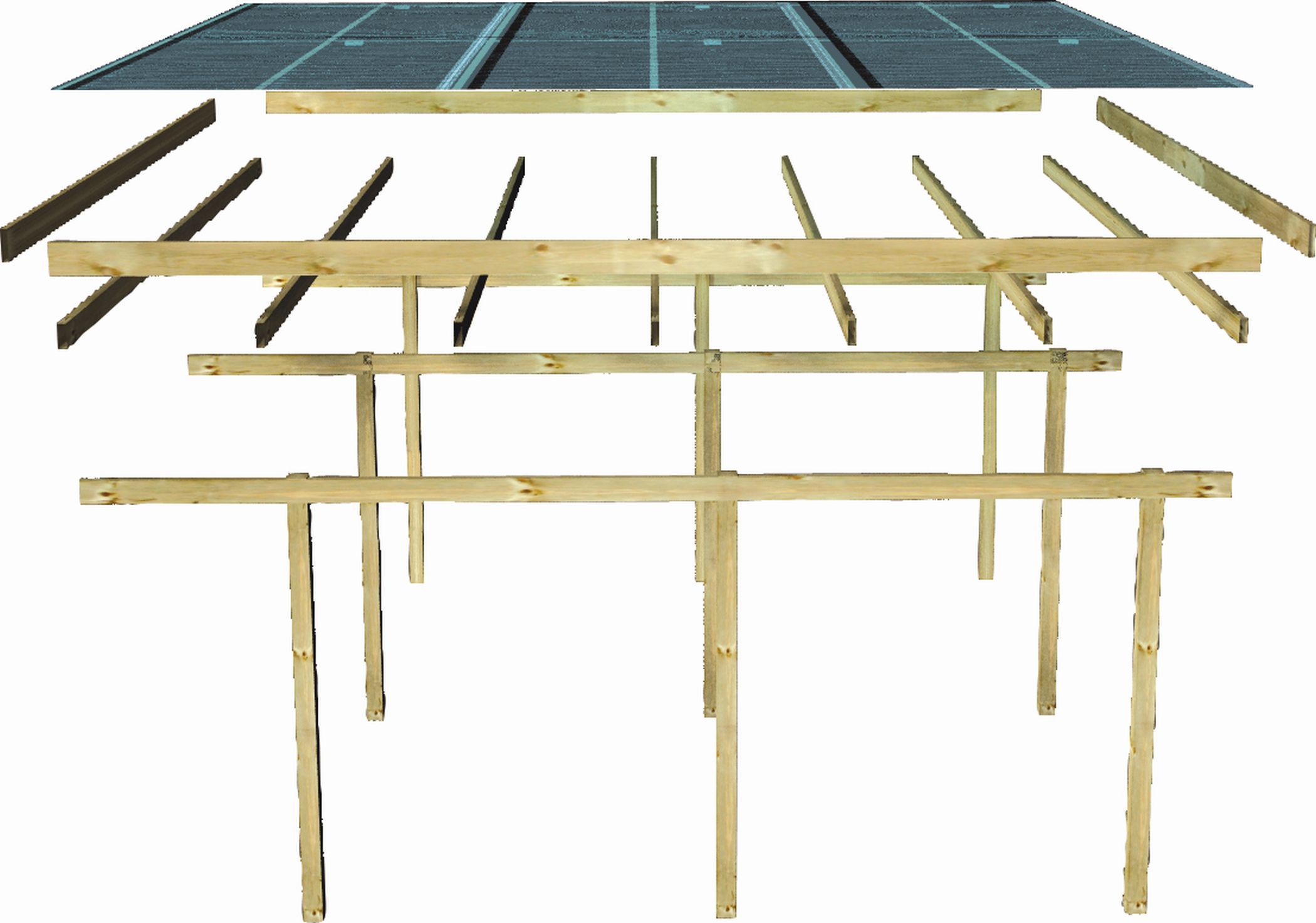 Aufbaudarstellung des Karibu Einzelcarport BASIC 2 mit Pfosten, Trägerbalken und Dachplatten im Überblick