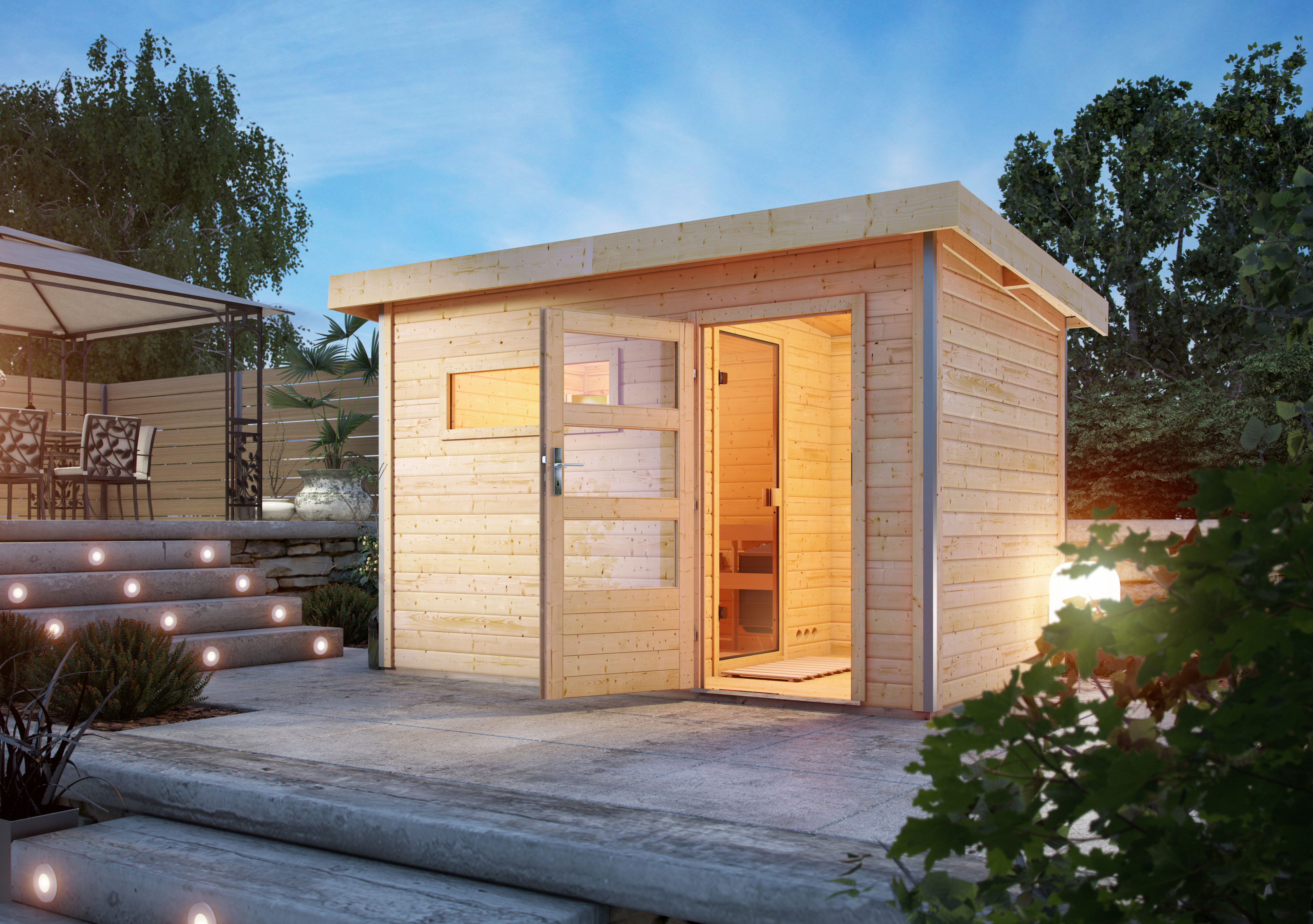 Karibu Saunahaus Skrollan 1 mit Vorraum als Gartensauna aus Massivholz im Garten mit Glasfront