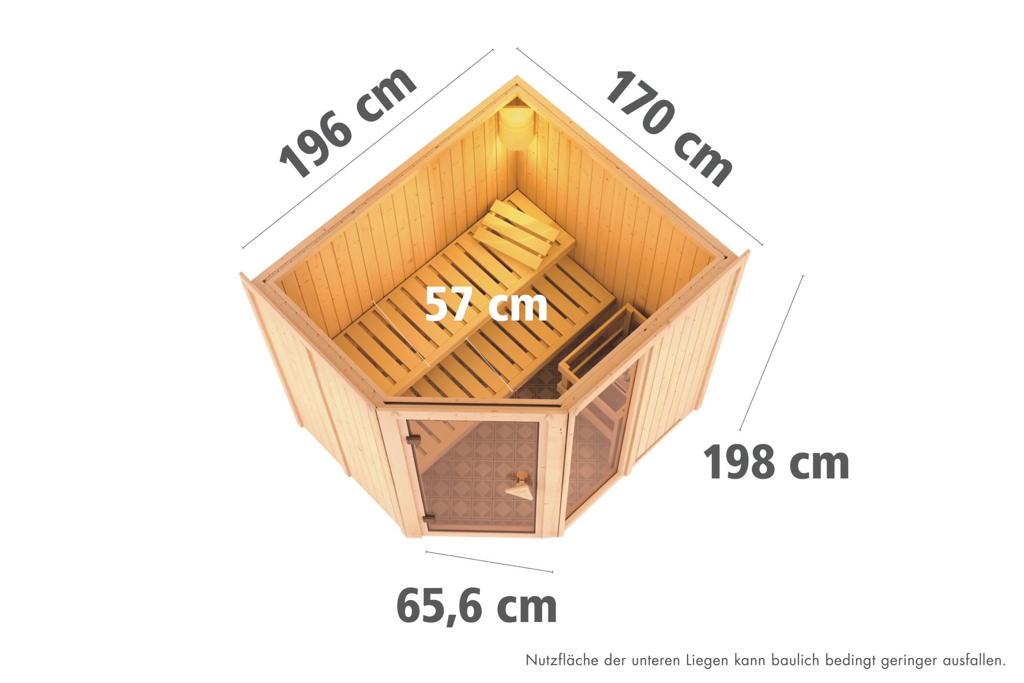 Maßzeichnung der Karibu Sauna Fiona 2 mit Außenmaß 196 × 170 cm und Höhe 198 cm