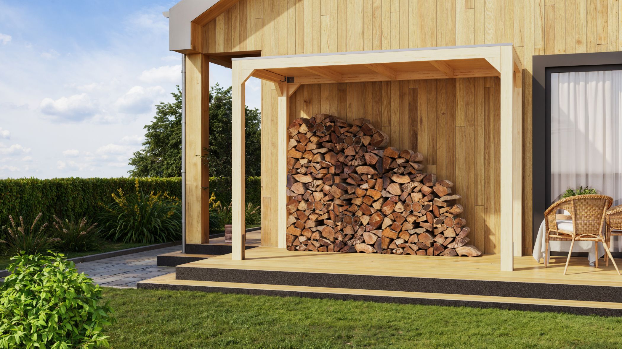 Karibu Pavillon Cubus halb aus Leimholz mit Flachdach im Garten als Ambiente-Ansicht