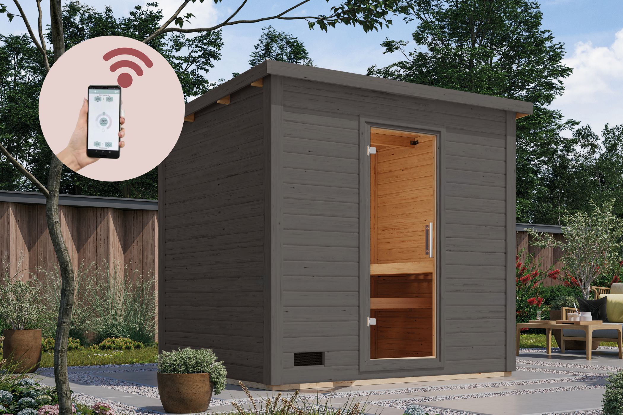 Karibu Saunahaus Hytti 3 Exclusive terragrau / + Ofen und HUUM WIFI Steuergerät Sparset als Gartensauna aus Massivholz