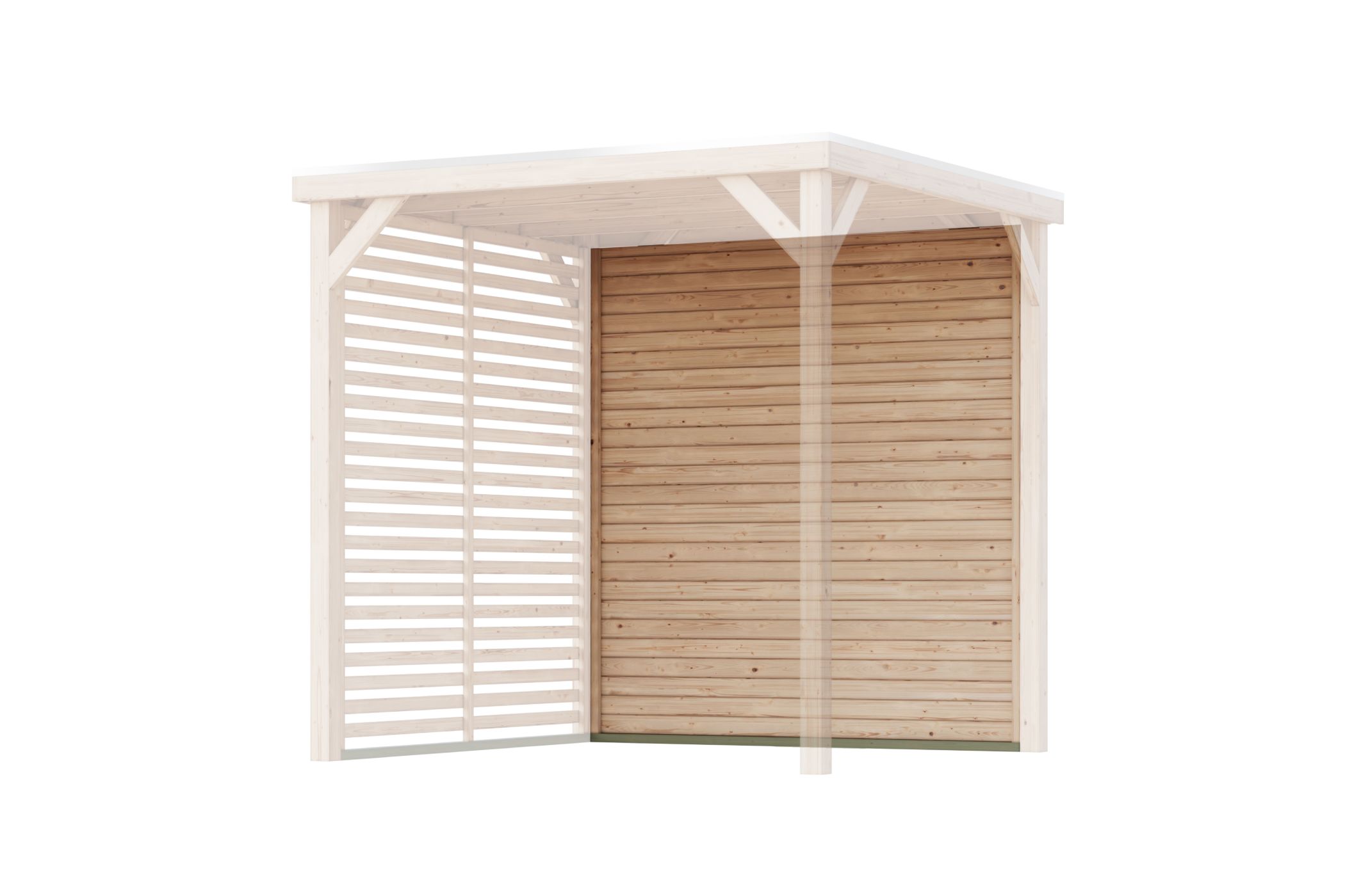 Außenansicht des Karibu Cubeco Pavillon Seitenwand/Rückwand geschlossen aus Leimholz mit Flachdach im Garten aufgebaut