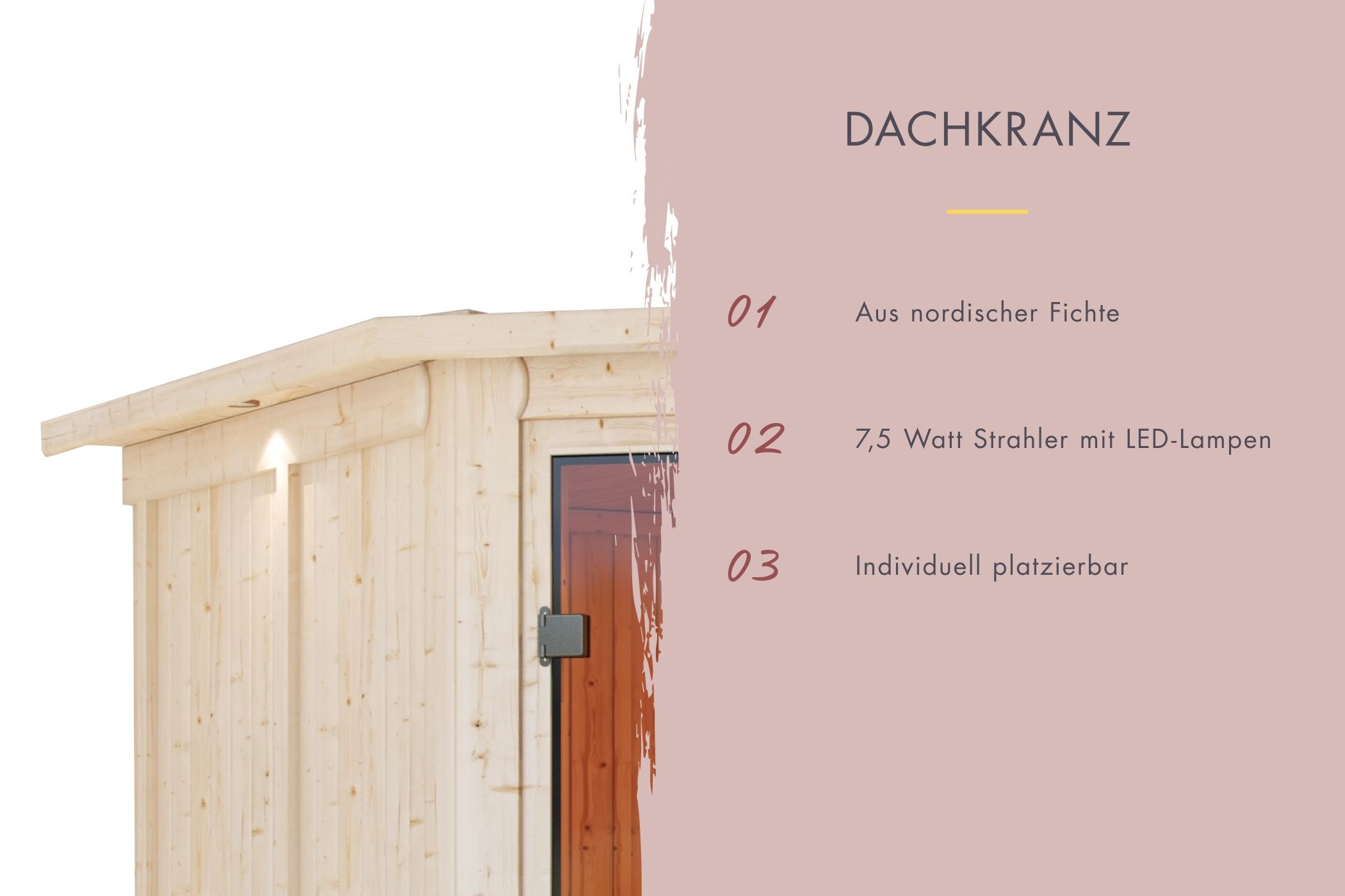 Optionaler Dachkranz aus nordischer Fichte mit drei LED-Strahlern als Zierabschluss der Sauna