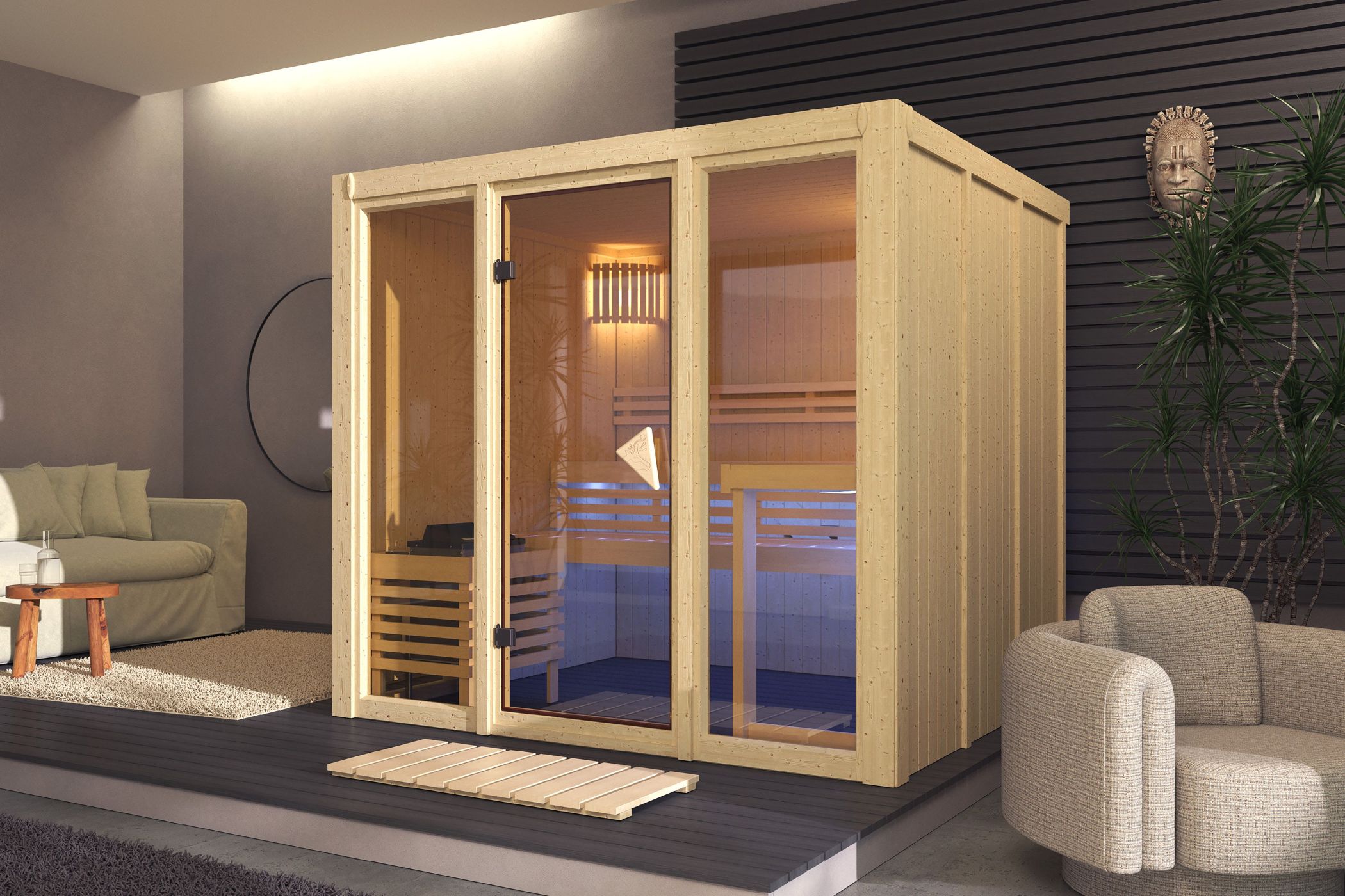 Karibu Sauna Avari 4 als hochwertige Sauna aus nordischer Fichte im Wohnraum-Ambiente