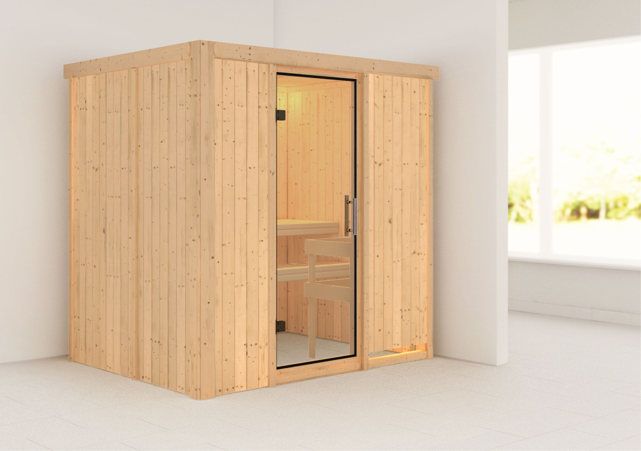 Außenansicht der Karibu Sauna Fanja aus nordischer Fichte mit Klarglas-Ganzglastür und Fronteinstieg
