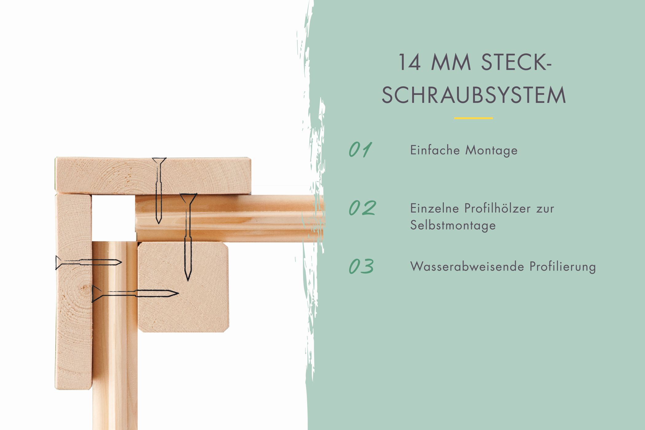 14-mm-Blockbohlenbauweise des Karibu Gerätehaus Merseburg 3 mit Nut-und-Feder-Verbindung