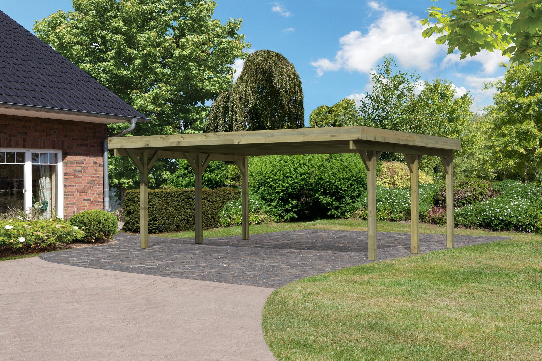 Außenansicht des Karibu Doppelcarport Classic 1 aus KDI-Massivholz mit Flachdach im Garten aufgebaut