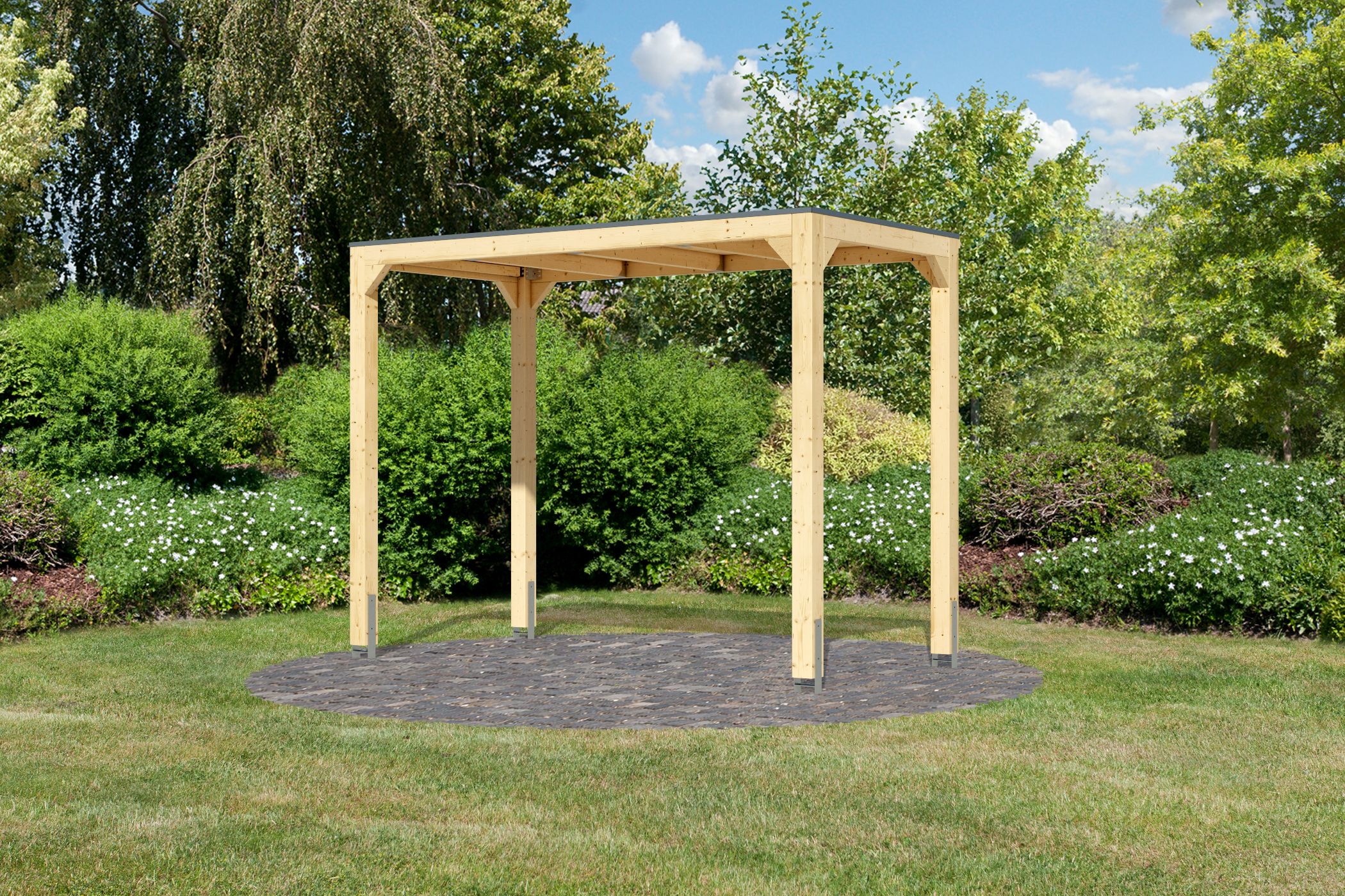 Außenansicht des Karibu Pavillon Cubus halb aus Leimholz mit Flachdach im Garten aufgebaut