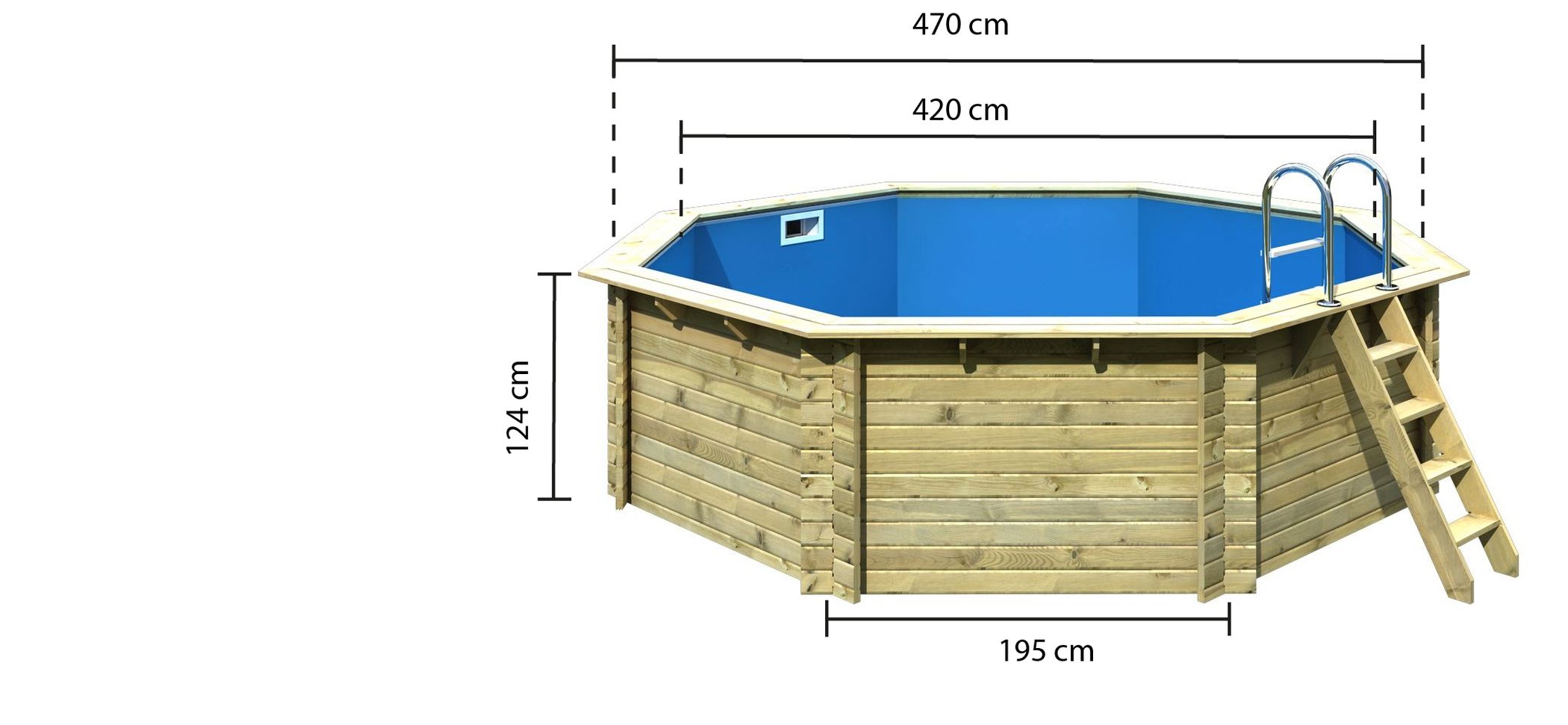 Bemaßte Maßzeichnung des Karibu Pool Modell 2, 428 × 428 cm