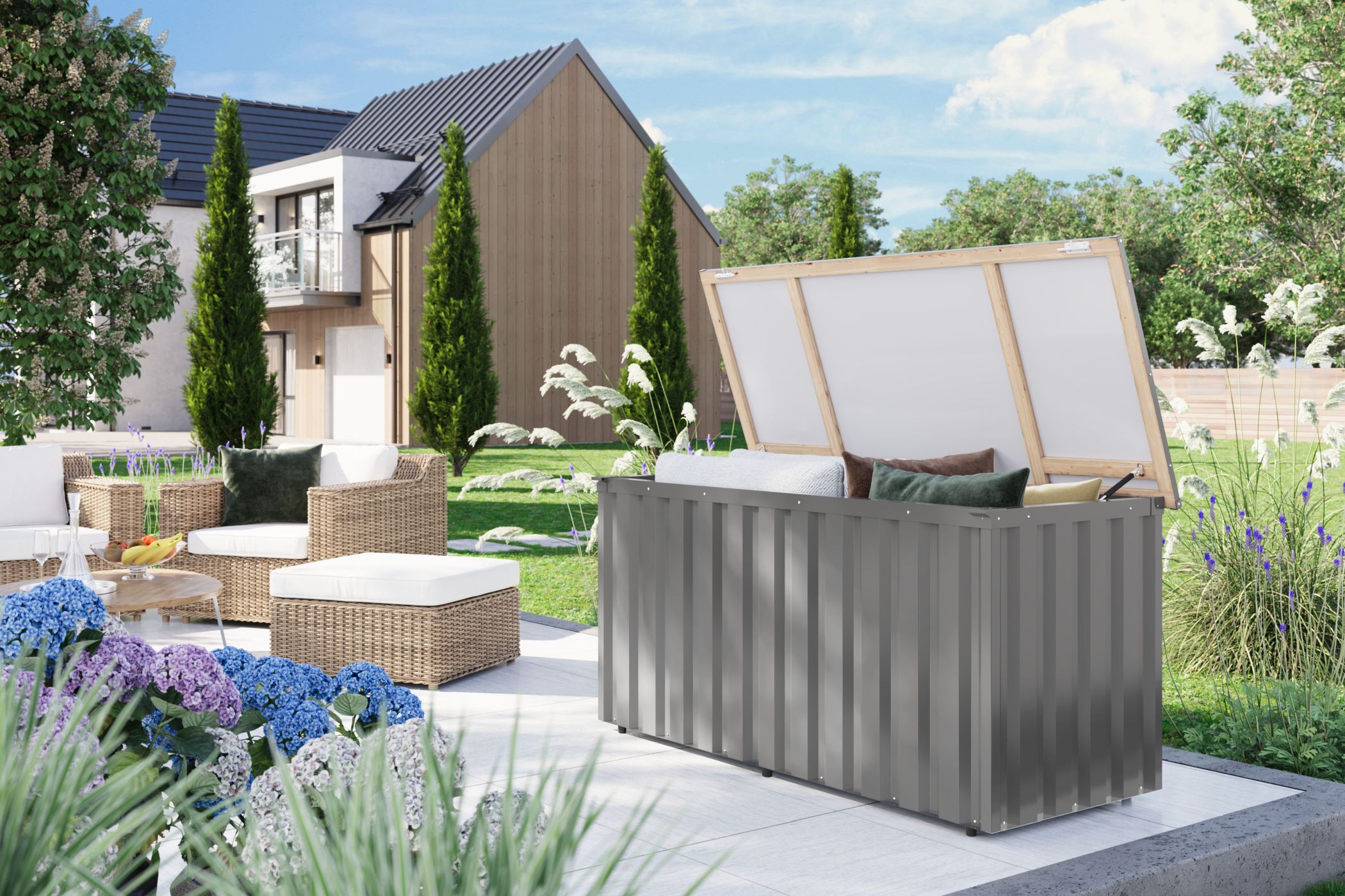 Karibu Metall-Gartenbox Indium 2, im Garten aufgebaut