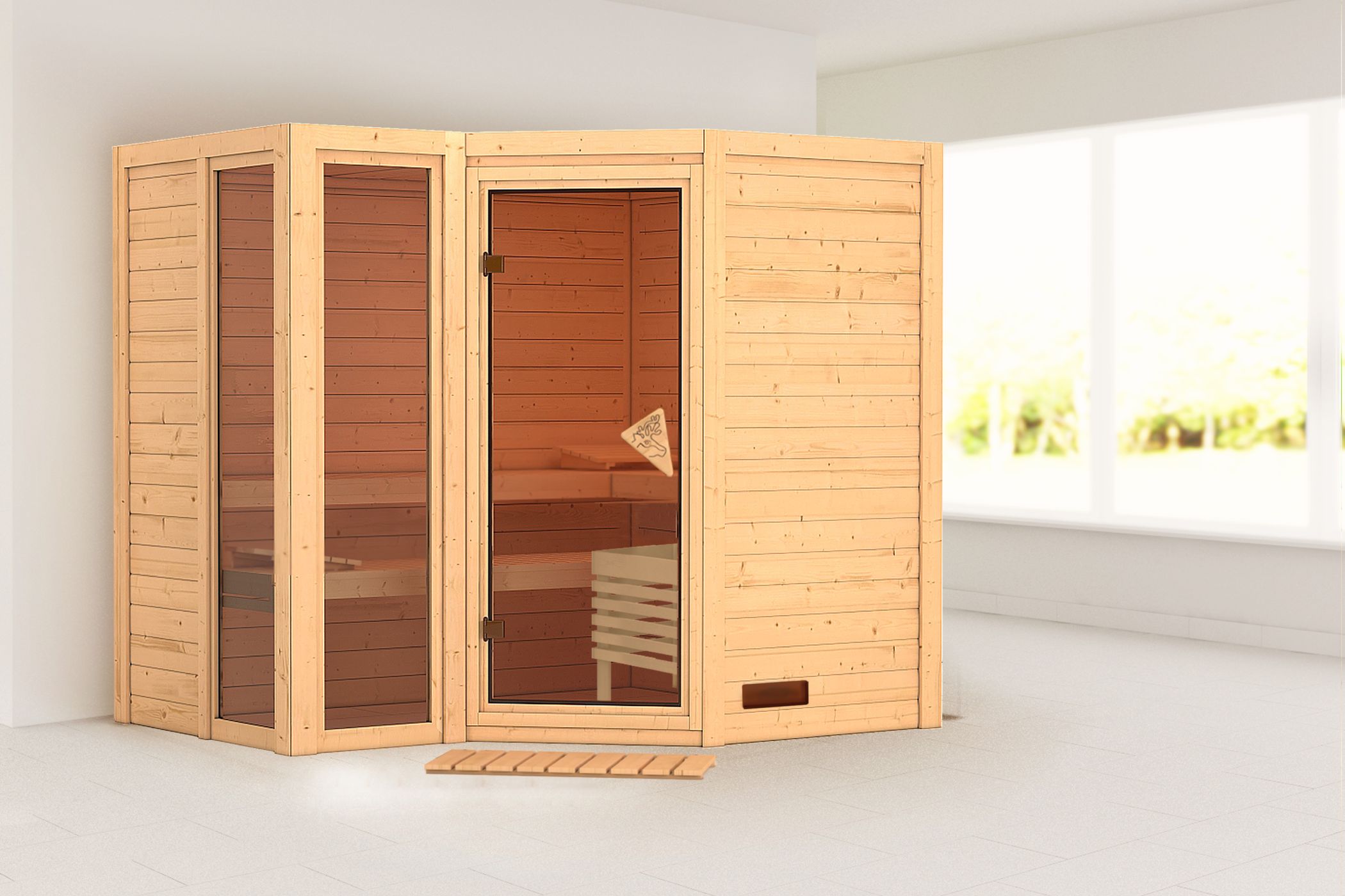 Außenansicht der Karibu Sauna Amara aus nordischer Fichte mit Ganzglastür und Fronteinstieg