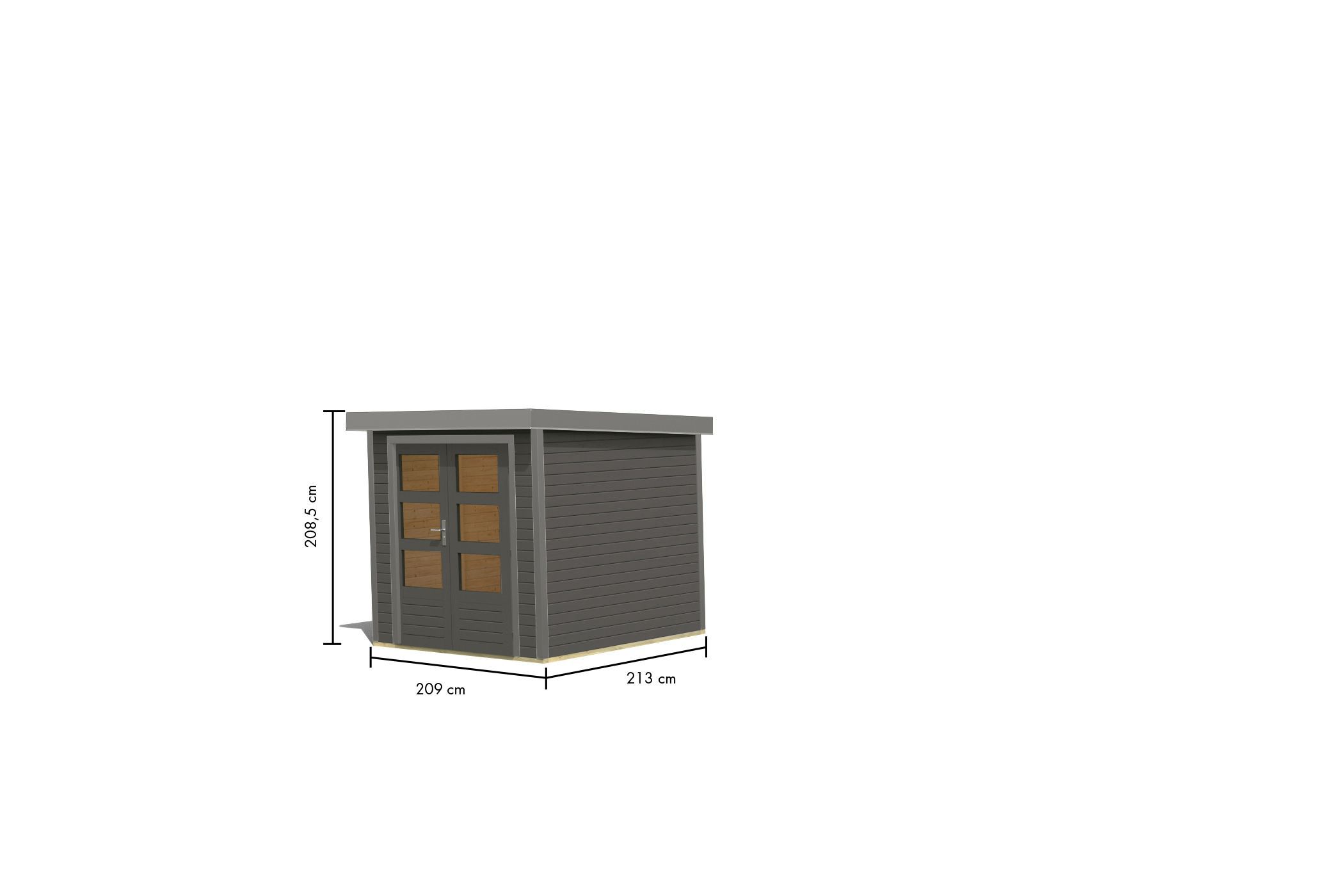 Bemaßte Maßzeichnung des Karibu Gartenhaus Holz & Metall Jupiter 2, 209 × 213 cm