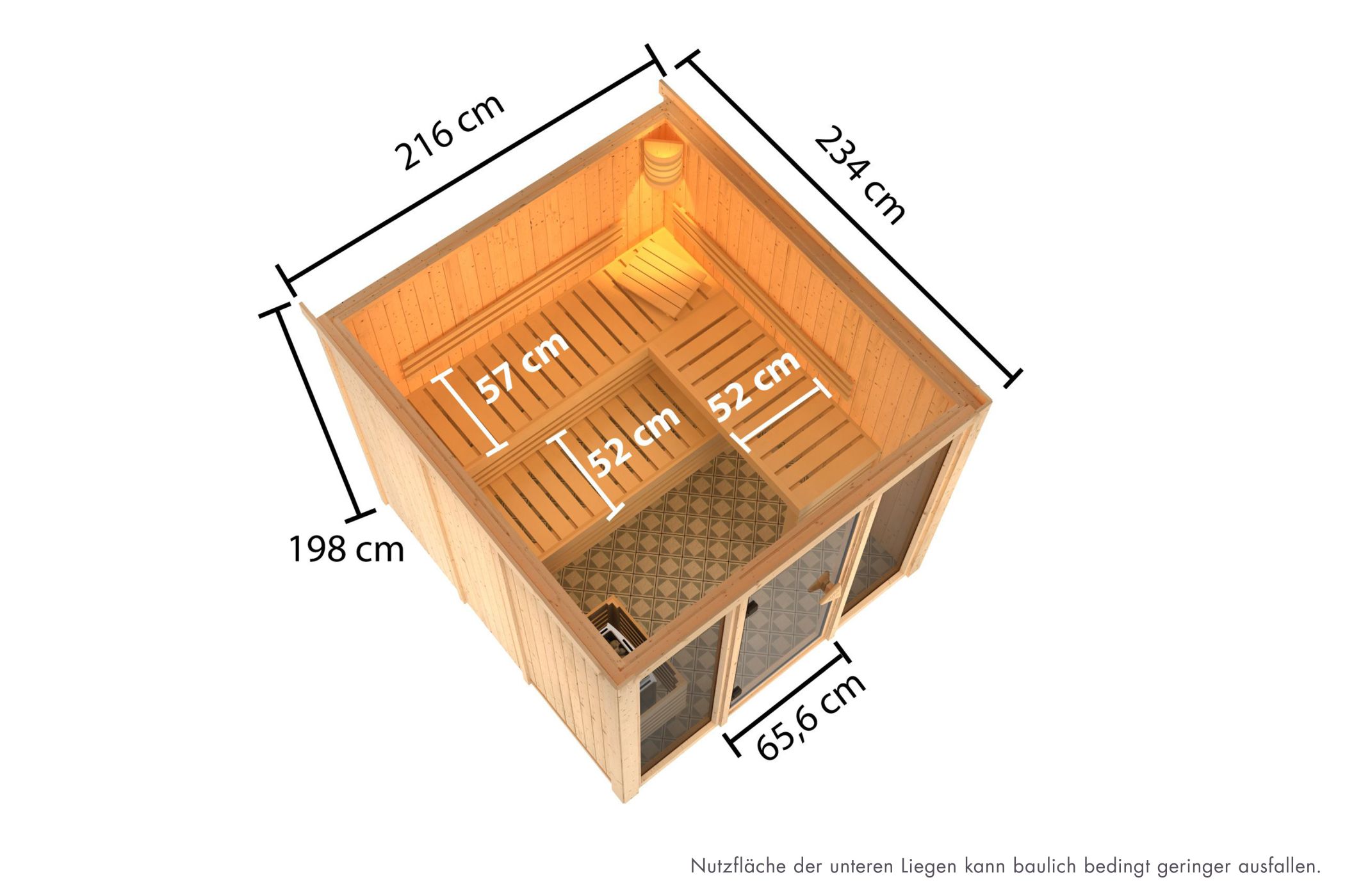 Maßzeichnung der Karibu Sauna Askja Basismodell mit Außenmaß 216 × 234 cm und Höhe 198 cm