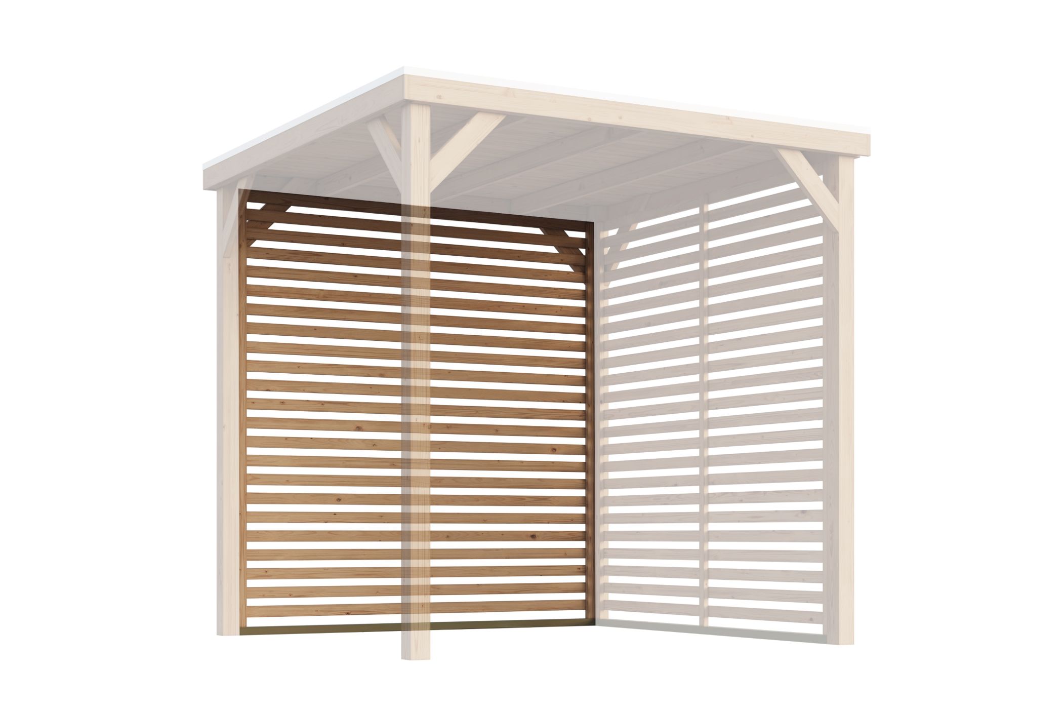 Außenansicht des Karibu Cubeco Pavillon Lamellenseitenwand/Lamellenrückwand aus Leimholz mit Flachdach im Garten aufgebaut