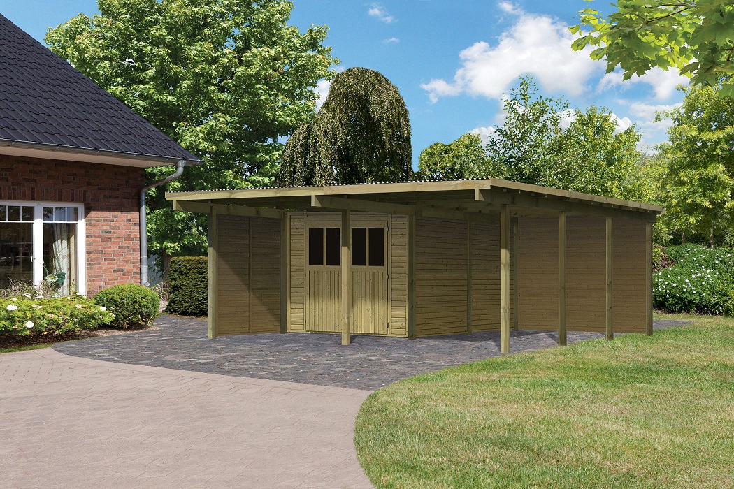 Karibu Doppelcarport BASIC 2 mit Abstellraum und Seitenwänden aus KDI-Massivholz im Garten