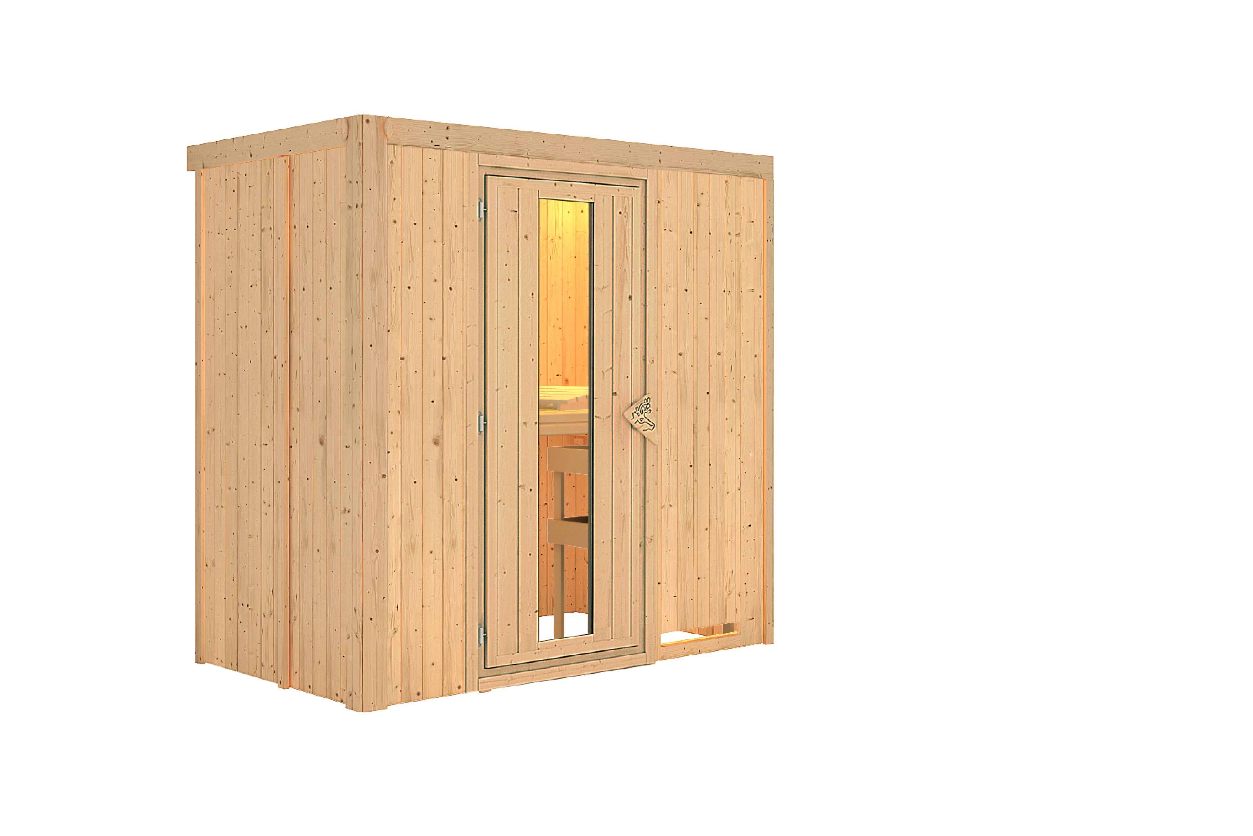 Innenansicht der Karibu Sauna Variado mit Liegen und Kopfstütze aus hellem Espenholz