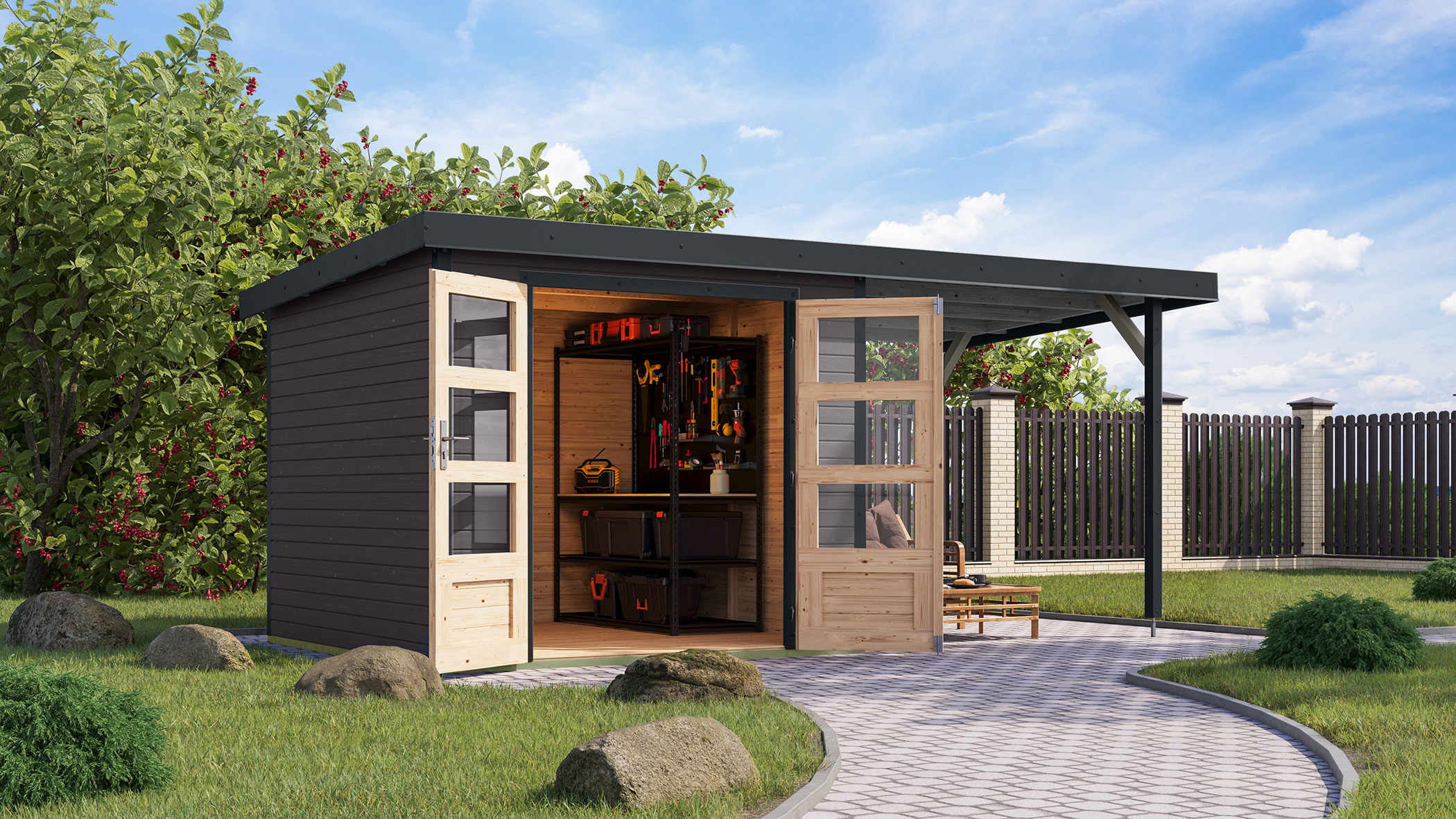 Karibu Gartenhaus Holz & Metall Jupiter 3,5 in Terragrau mit Metall in Anthrazit und Anbaudach im Garten