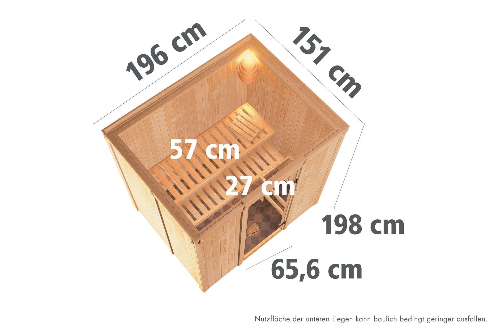 Maßzeichnung der Karibu Sauna Fanja mit Außenmaß 196 × 151 cm und Höhe 198 cm
