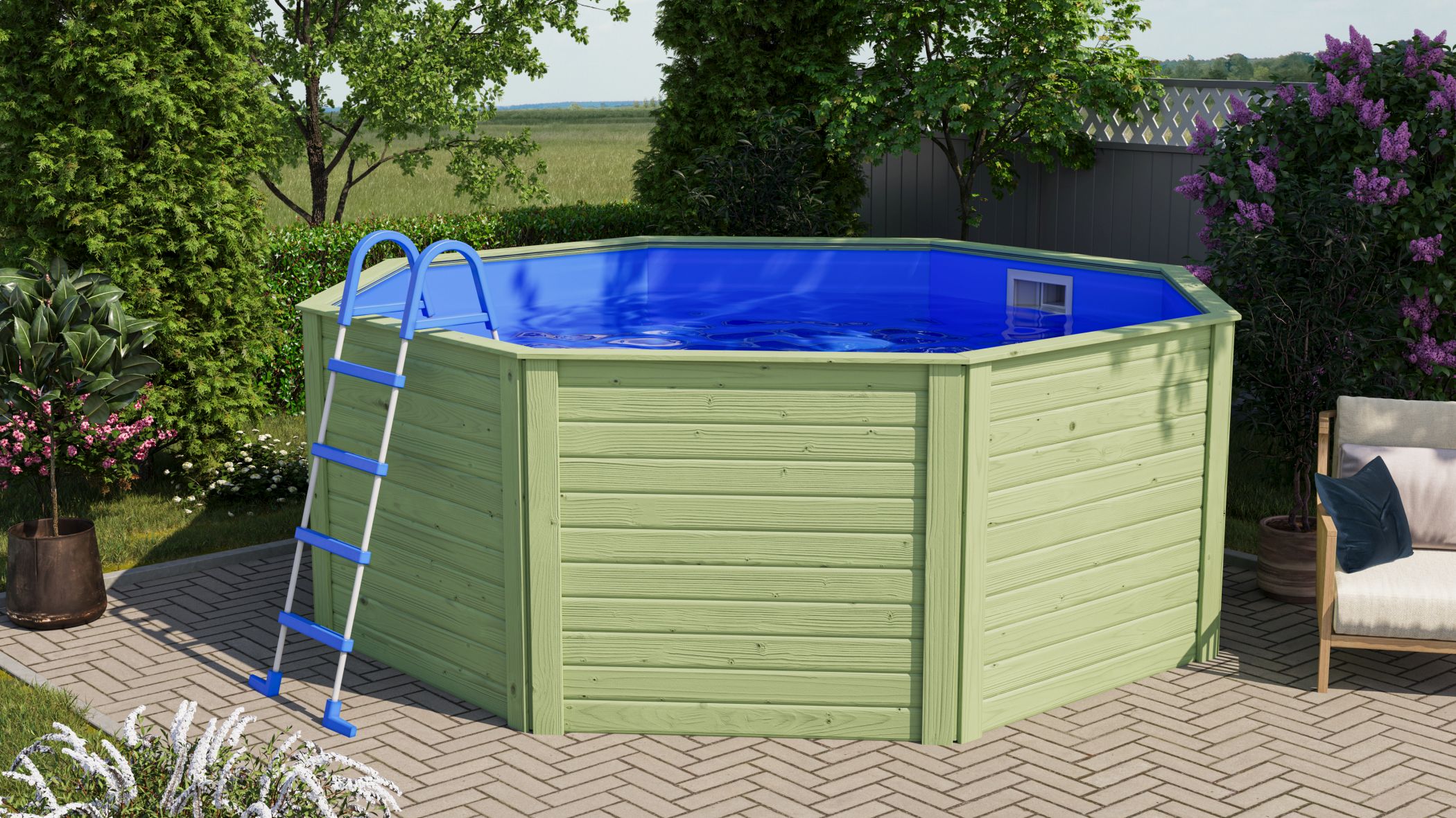 Karibu Pool Modell X0 ca. 3,3x3,3m aus Holz (kesseldruckimprägniert) aus Holz, im Garten aufgebaut