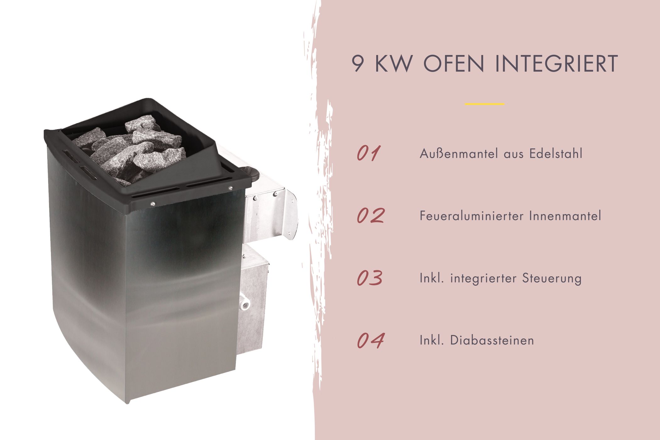 Saunaofen mit 9 kW und integrierter Steuerung aus Edelstahl inklusive Diabas-Saunasteinen
