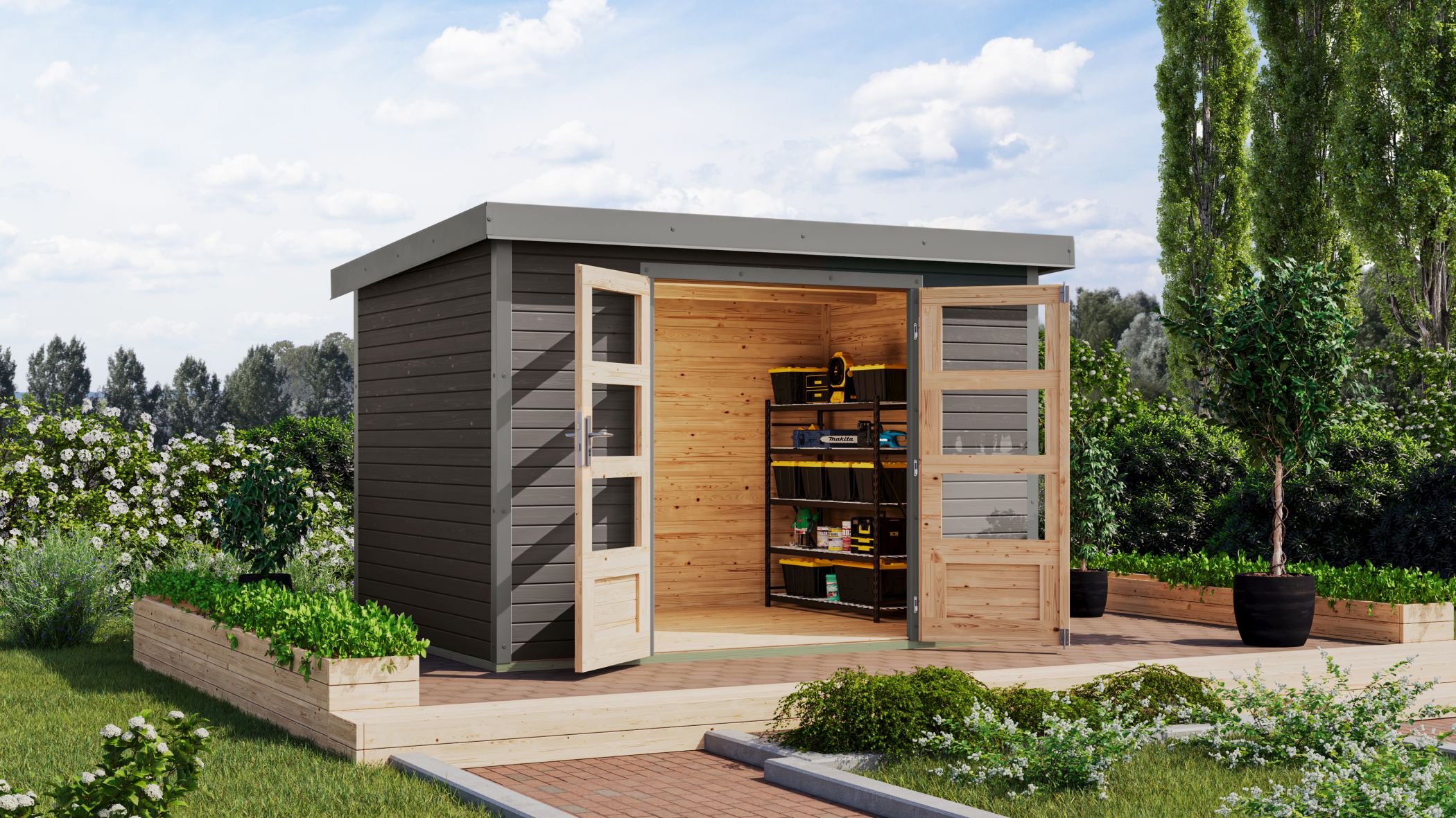 Karibu Gartenhaus Holz & Metall Jupiter 4 in Terragrau mit Metall in Graualuminium im Garten