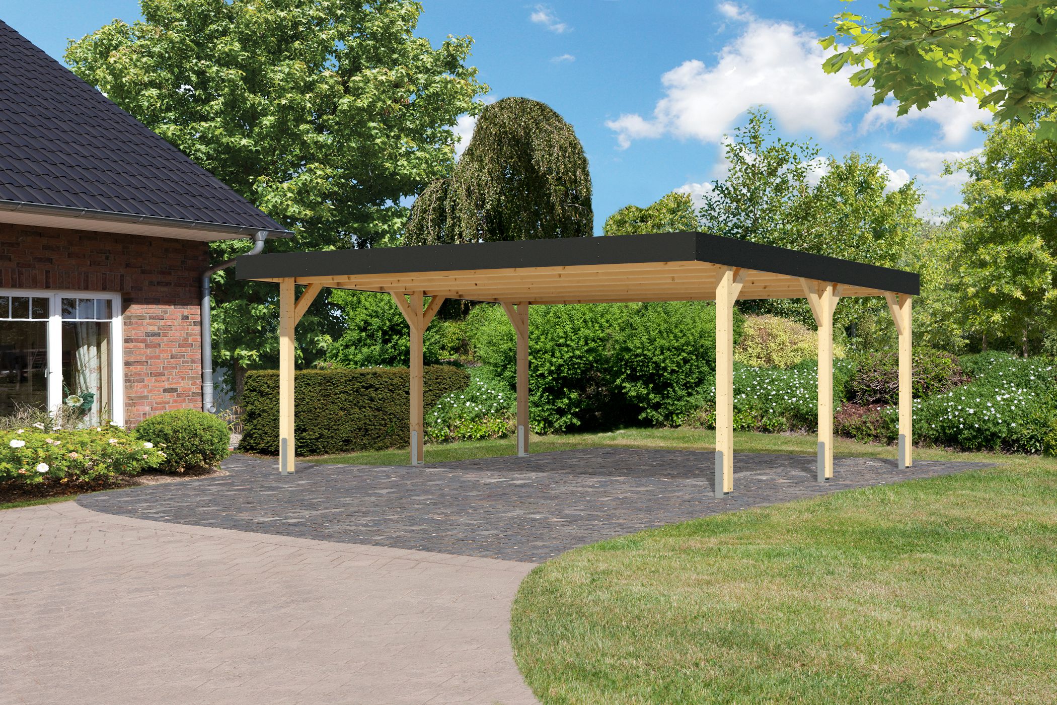 Außenansicht des Karibu Doppelcarport Leimholz 1 aus Leimholz mit Flachdach im Garten aufgebaut