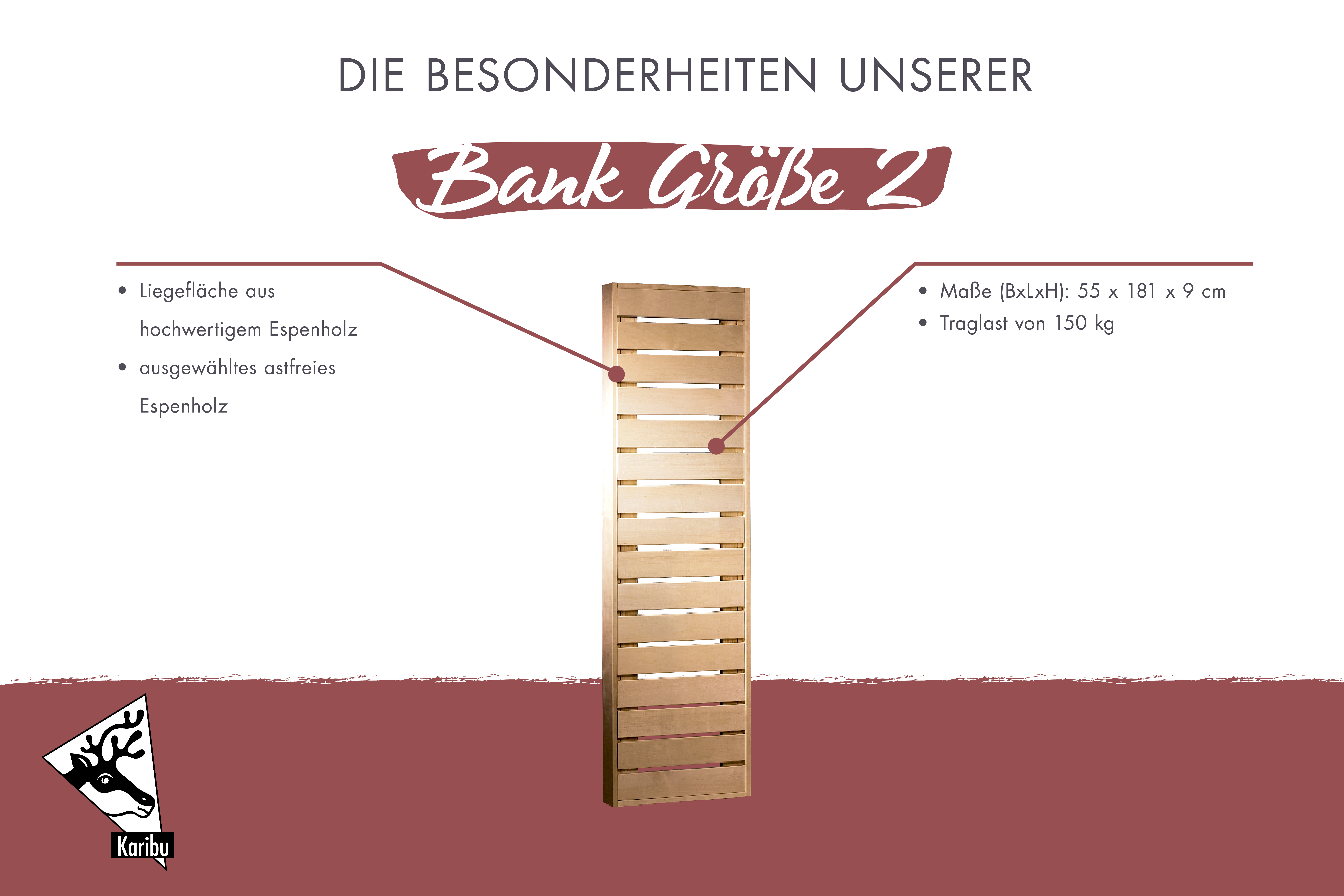 Maßzeichnung der Karibu Bänke in 3 Größen mit Bemaßung von Grundfläche und Höhe