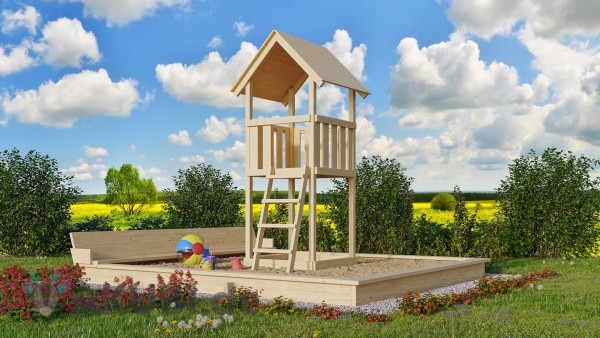 AKUBI Spielturm Lotti aus Fichtenholz mit überdachtem Podest und Einstiegsleiter, freigestellt