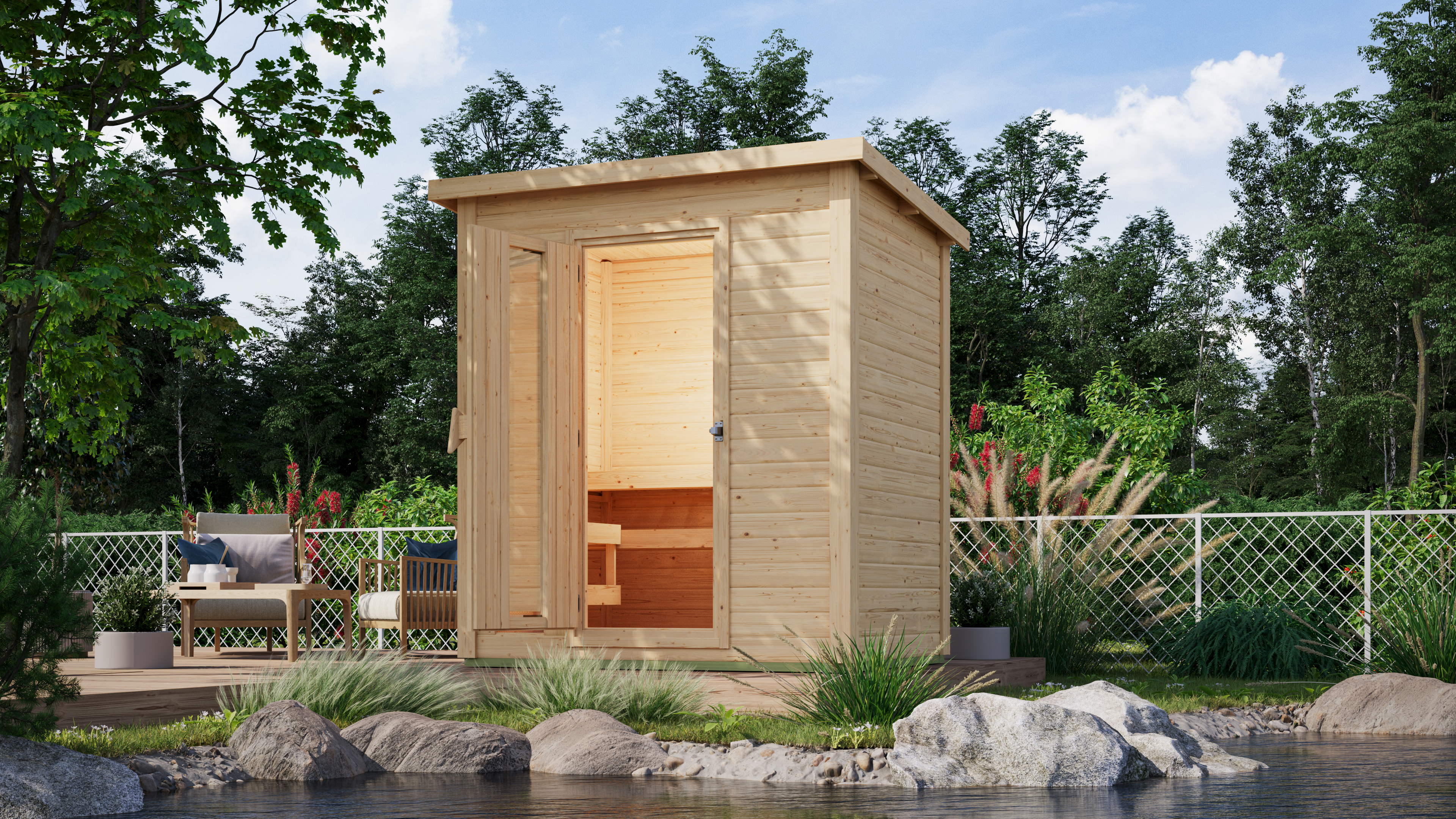 Karibu Saunahaus Hytti 1 als Gartensauna aus Massivholz im Garten mit Glasfront