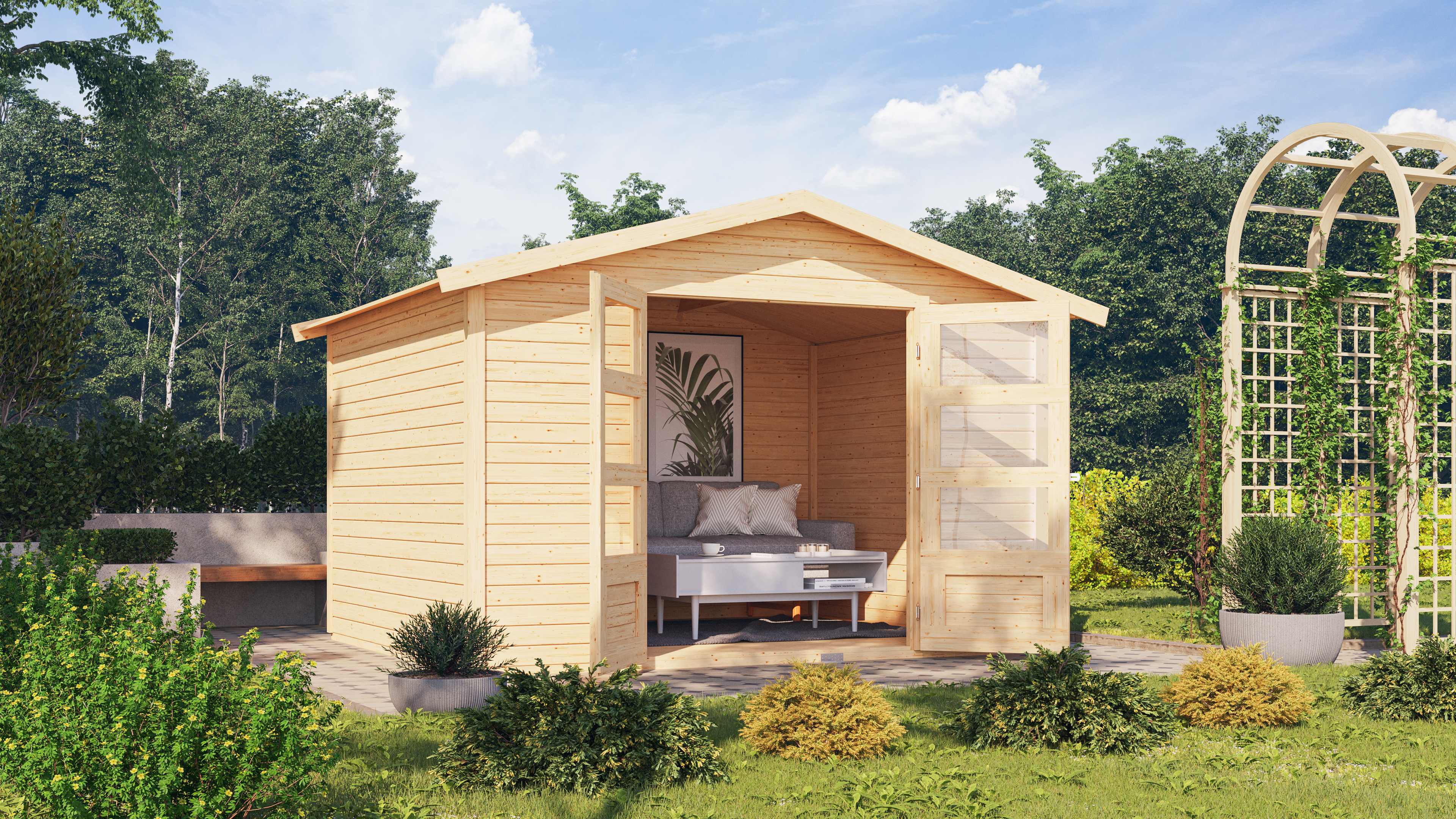 Karibu großes Gerätehaus Amberg 5 in Naturbelassen im Garten