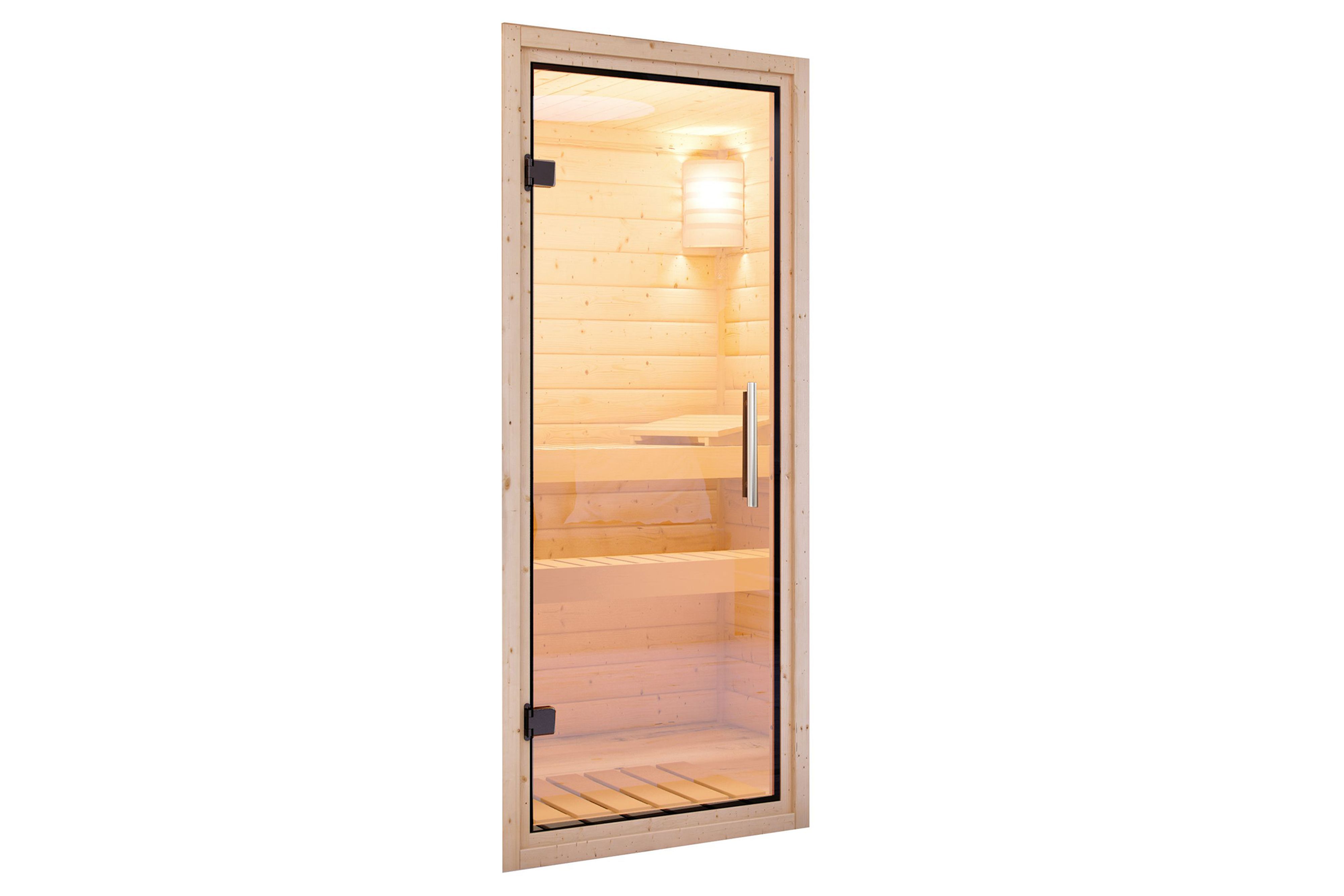 Karibu Türelement Klarglas aus Holz, im Garten aufgebaut