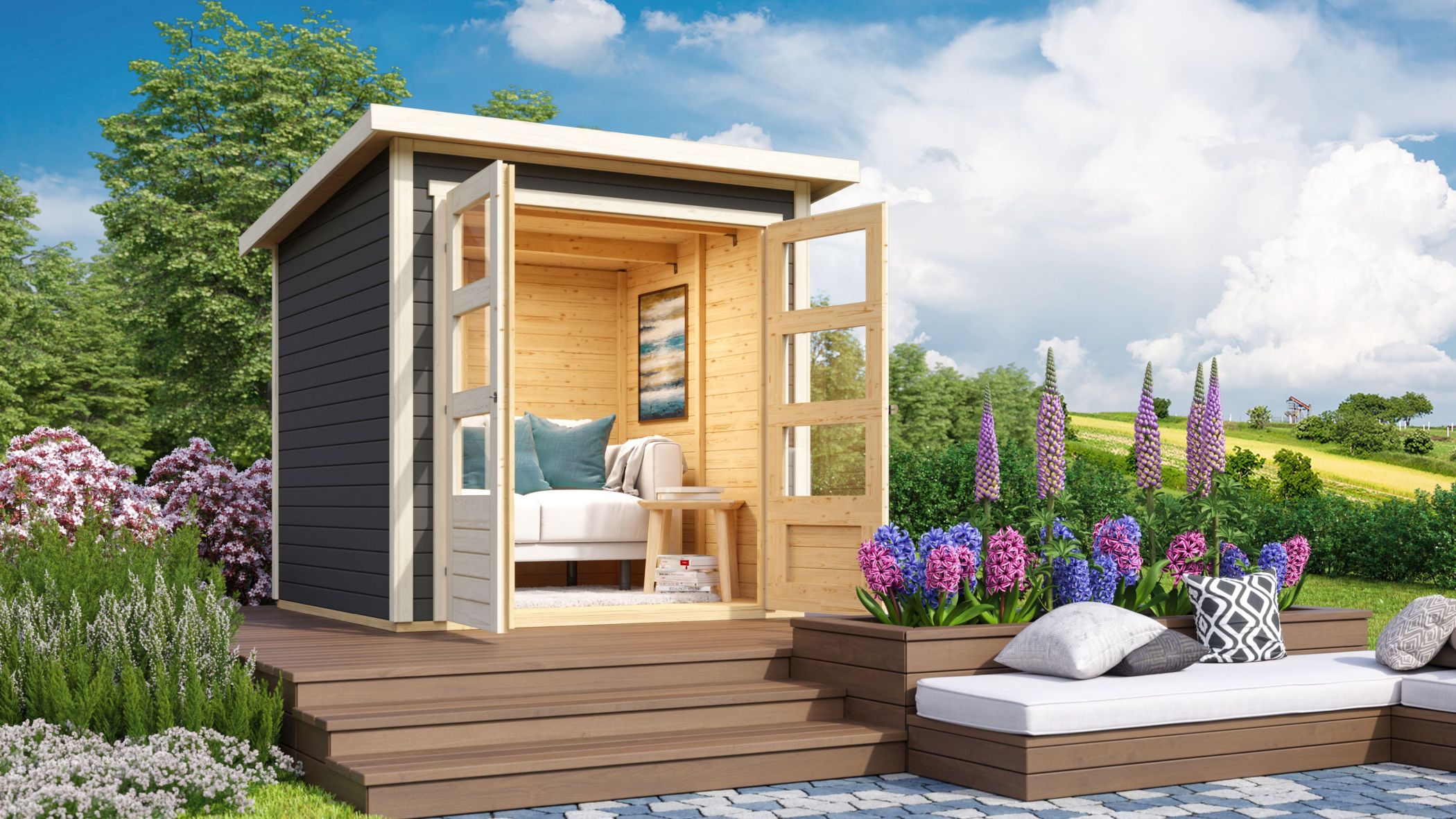 Karibu Gerätehaus Stockach 2 in Terragrau im Garten