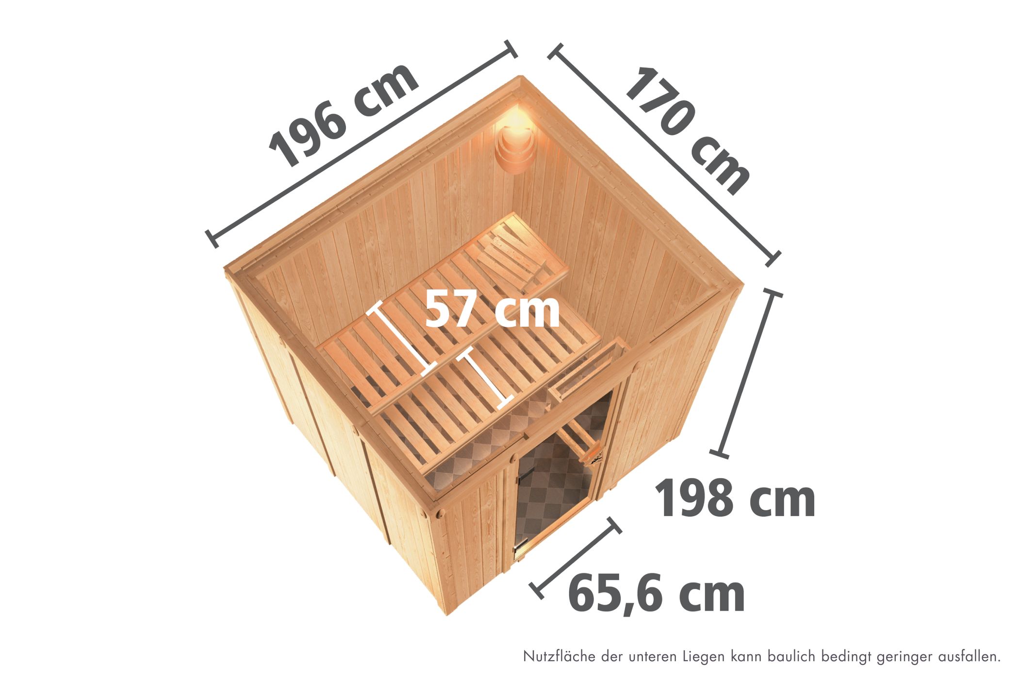 Maßzeichnung der Karibu Sauna Sodin Basismodell mit Außenmaß 196 × 170 cm und Höhe 198 cm
