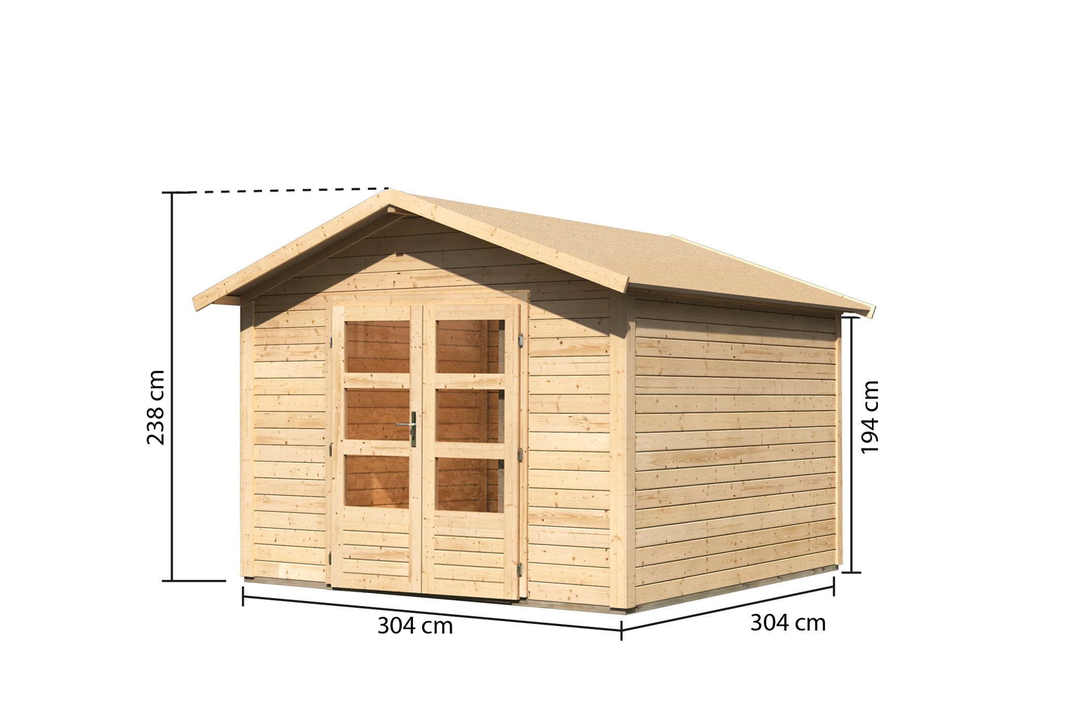 Bemaßte Maßzeichnung des Karibu Gartenhaus Talkau 8, 304 × 304 cm